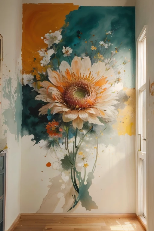 wall painting in the style of Robert Motherwell paintings , organic and naturalistic compositions, floral explosions, ,soft light teal and orange --ar 3:4 -