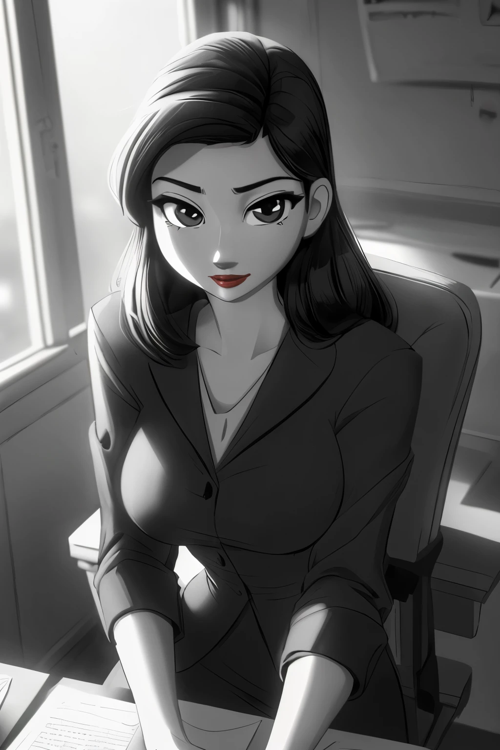 ((ultra quality)), ((tmasterpiece)), Meg, Paperman, (Black & White Style), (black and white cinema), ((Black, hairlong)), (Beautiful cute face), (beautiful female lips), Charming, ((sexy facial expression)), is looking at the camera, eyes slightly open, (Skin color: white), Body glare, ((detailed beautiful female eyes)), ((Black глаза глаза)), (juicy female lips), (red lipstick on the lips), (beautiful female hands), ((perfect female figure)), perfect female body, Beautiful waist, Gorgeous hips, Beautiful medium breasts, ((Subtle and beautiful)), sits seductively on a chair (close-up of the face), (dressed in Meg clothes, Strict office suit, black women&#39;s jacket and black skirt) background: office 50 years, ((Depth of field)), ((high quality clear image)), (crisp details), ((higly detailed)), Realistic, Professional Photo Session, ((Clear Focus)), the anime