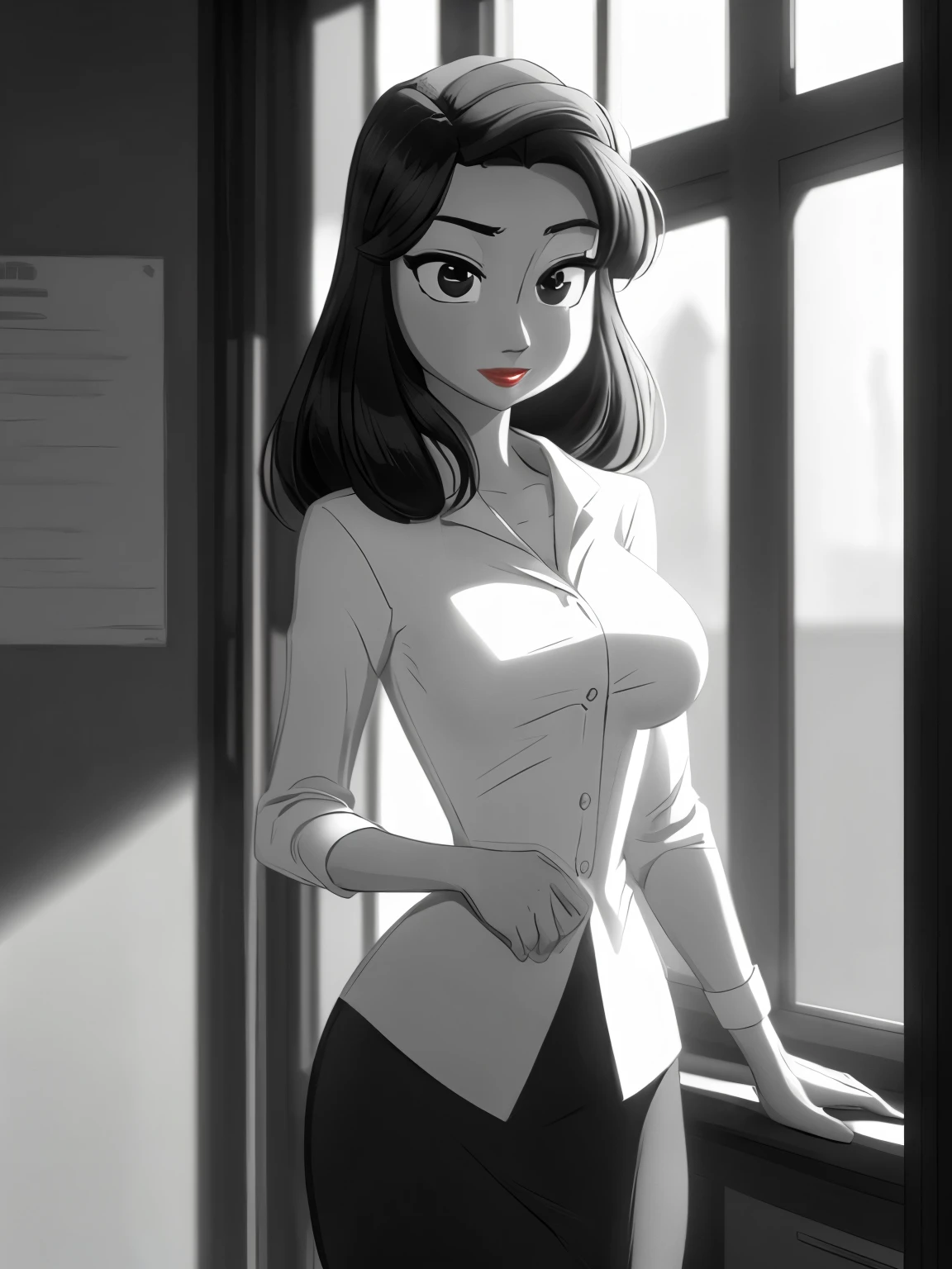 ((ultra quality)), ((tmasterpiece)), Meg, Paperman, (Black & White Style), (black and white cinema), ((Black, hairlong)), (Beautiful cute face), (beautiful female lips), Charming, ((sexy facial expression)), is looking at the camera, eyes slightly open, (Skin color: white), Body glare, ((detailed beautiful female eyes)), ((Black глаза глаза)), (juicy female lips), (red lipstick on the lips), (beautiful female hands), ((perfect female figure)), perfect female body, Beautiful waist, Gorgeous hips, Beautiful medium breasts, ((Subtle and beautiful)), standing seductively by the window (close-up of the face), (dressed in Meg clothes, Strict office suit, white shirt with sexy neckline and black skirt) background: office 50 years, ((Depth of field)), ((high quality clear image)), (crisp details), ((higly detailed)), Realistic, Professional Photo Session, ((Clear Focus)), the anime