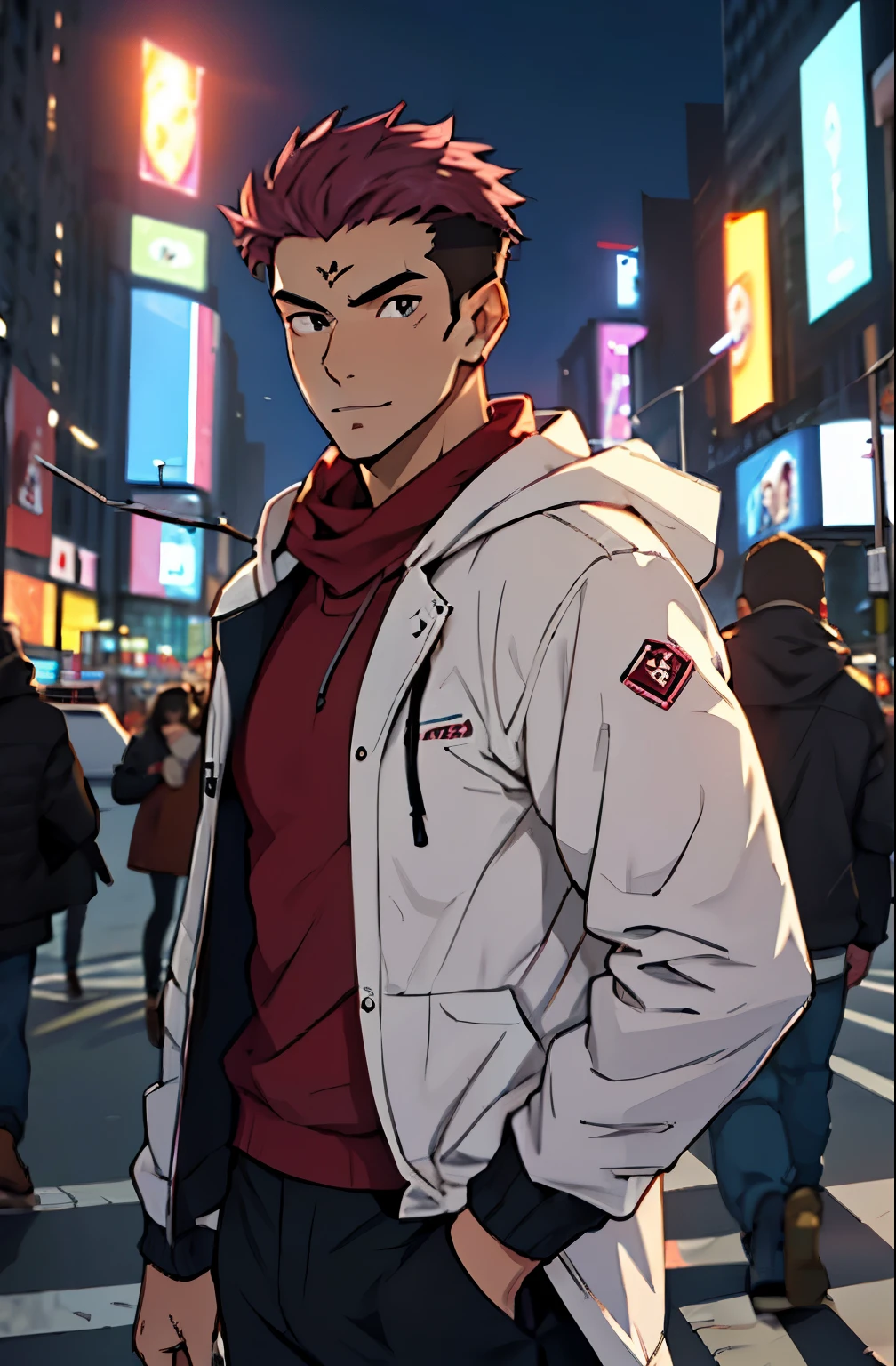 A mais alta qualidade, 8K, image high resolution, good ilumination, sombras detalhadas, Detailed strokes, (Imagem da Cintura pra cima), no meio de uma avenida movimentada estilo Times Square estando de noite , inverno, apoiado em um dos postes, adolecente, Yuji Itadori, Dark Pink Hair , wearing a cold jacket , slightly unbuttoned jacket showing a bit of his chest, masculo, chest a little tight in the shirt , (angulo de baixo), (Close no Rosto), pernas definidas, defined arms, abdomen definido, com a camisa,