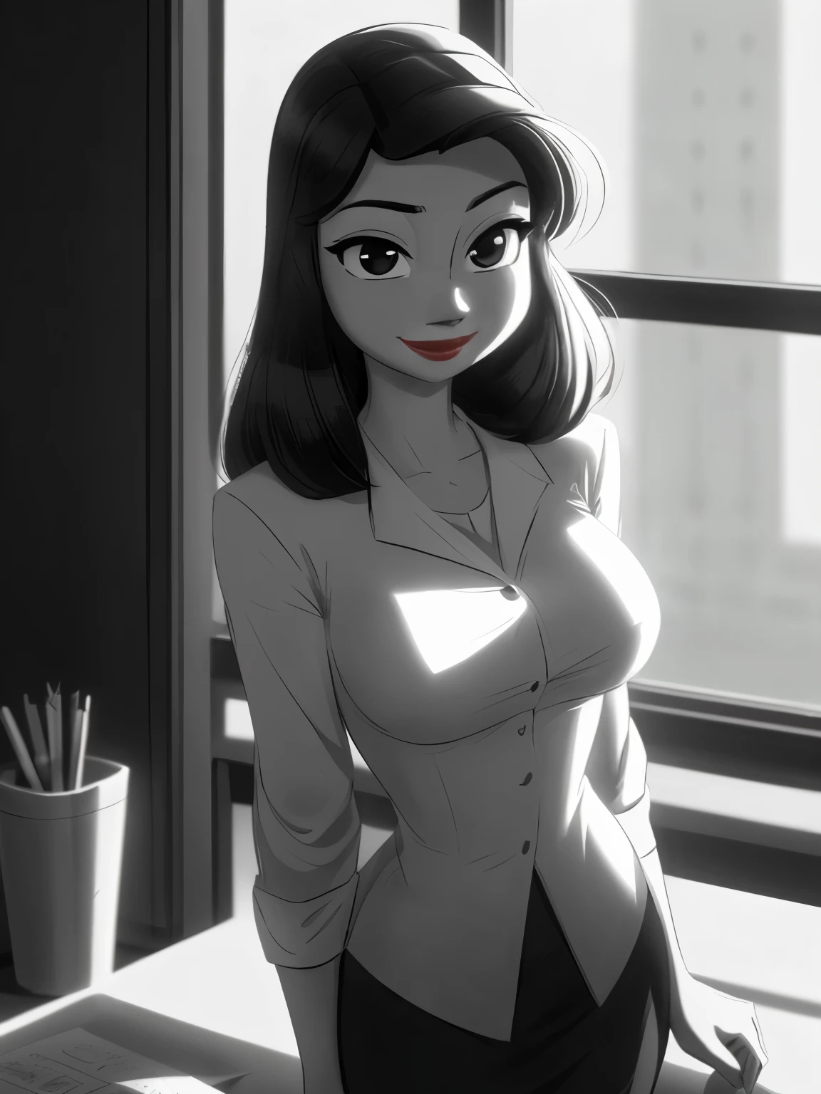 ((ultra quality)), ((tmasterpiece)), Meg, Paperman, (Black & White Style), (black and white cinema), ((Black, hairlong)), (Beautiful cute face), (beautiful female lips), Charming, ((sexy facial expression)), looking at the camera smiling softly, eyes slightly open, (Skin color: white), Body glare, ((detailed beautiful female eyes)), ((Black глаза глаза)), (juicy female lips), (red lipstick on the lips), (beautiful female hands), ((perfect female figure)), perfect female body, Beautiful waist, Gorgeous hips, Beautiful medium breasts, ((Subtle and beautiful)), standing seductively by the window (close-up of the face), (dressed in Meg clothes, Strict office suit, white  shirt, Frank neckline, and a black skirt) background: office 50-60 years, ((Depth of field)), ((high quality clear image)), (crisp details), ((higly detailed)), Realistic, Professional Photo Session, ((Clear Focus)), the anime