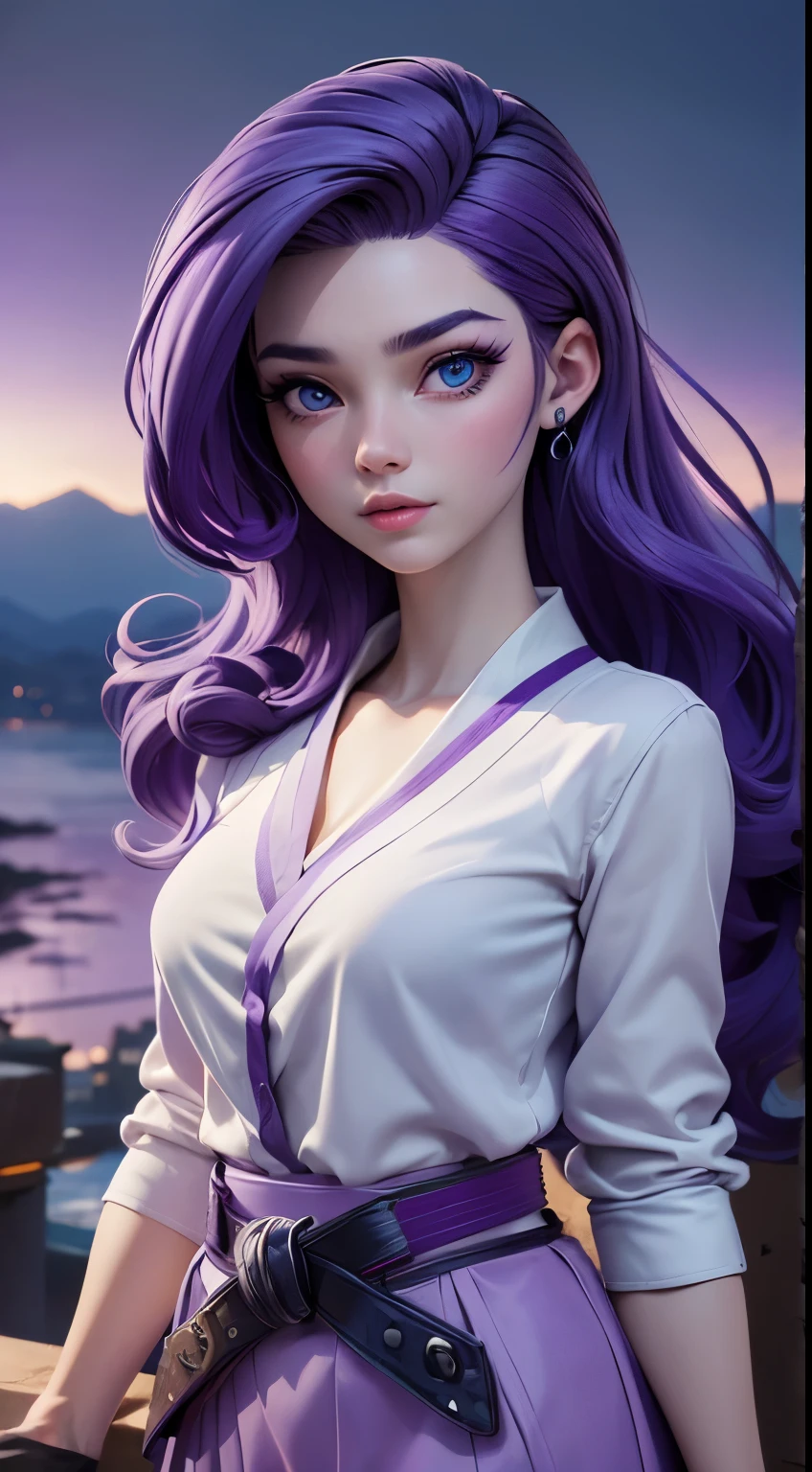 (mlprarity:1.2), (colored skin, white skin:1.5), (purple hair:1.5), (blue eyes, side parted hair, long hair, curly hair:1.2), (white blouse, purple skirt, purple belt:1.5), diamond theme, city girl, city, (realistic:1.2),  (masterpiece:1.2), (full-body-shot:1.2),(Cowboy-shot:1.2), neon lighting, dark romantic lighting, (highly detailed:1.2),(detailed face:1.2), (gradients), colorful, detailed eyes, (detailed landscape:1.2), (natural lighting:1.2),(detailed background), detailed landscape, (glamour pose:1.2), solo,