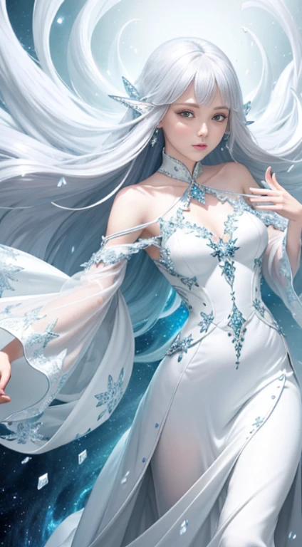 (Masterpiece, Top Quality, Best, Official Art, Beautiful and Aesthetic, Long Exposure: 1.2), Smooth Movement, Charming Patterns, 1 Girl, (Long Dress with Sleeves: 1.3), (((White Clothes) )), upper body close-up, bare shoulders, Chinese girl, blush, black lob hair, portrait, solo, upper body, looking at the observer, detailed background, detailed face, (crystallineAI, crystalline theme:1.1), elemental wind elves, rotation Wind, control the wind, white crystal clothing, dynamic pose, floating particles, ethereal dynamics, whirlwind, vapor, whirlwind in the background, white tone, whirlwind, ethereal atmosphere,
