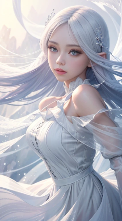 (Masterpiece, Top Quality, Best, Official Art, Beautiful and Aesthetic, Long Exposure: 1.2), Smooth Movement, Charming Patterns, 1 Girl, (Long Dress with Sleeves: 1.3), (((White Clothes) )), upper body close-up, bare shoulders, Chinese girl, blush, black lob hair, portrait, solo, upper body, looking at the observer, detailed background, detailed face, (crystallineAI, crystalline theme:1.1), elemental wind elves, rotation Wind, control the wind, white crystal clothing, dynamic pose, floating particles, ethereal dynamics, whirlwind, vapor, whirlwind in the background, white tone, whirlwind, ethereal atmosphere,