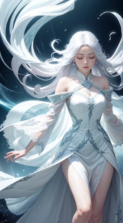 (Masterpiece, Top Quality, Best, Official Art, Beautiful and Aesthetic, Long Exposure: 1.2), Smooth Movement, Charming Patterns, 1 Girl, (Long Dress with Sleeves: 1.3), (((White Clothes) )), upper body close-up, bare shoulders, Chinese girl, blush, black lob hair, portrait, solo, upper body, looking at the observer, detailed background, detailed face, (crystallineAI, crystalline theme:1.1), elemental wind elves, rotation Wind, control the wind, white crystal clothing, dynamic pose, floating particles, ethereal dynamics, whirlwind, vapor, whirlwind in the background, white tone, whirlwind, ethereal atmosphere,