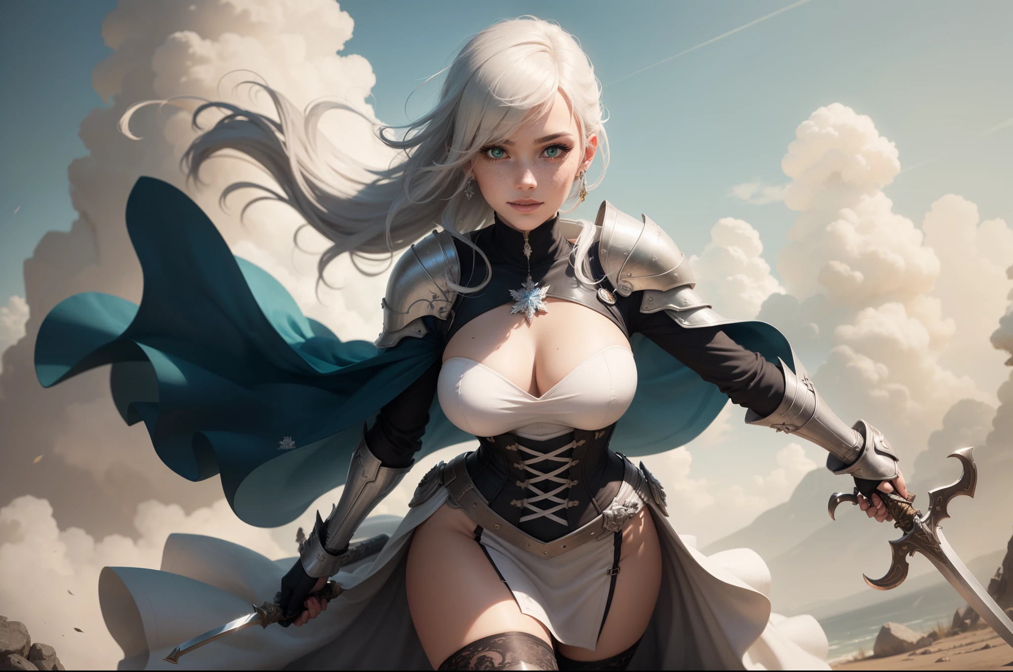 gwen tennyson,yorha 2b,tracer,claire farron,1girl,overwatch,atelier ryza,close up,battlefield view,tattoos,royal gray and white plugsuit,white short sleeve knight tunic,short sleeve knight full plate armor,long knight skirt,white knight corset,long hair,princess makeup,green eyes,multicolored silver hair,long dress train,shy smile,freckles,beautiful girl, knight thigh high boots,big breasts,8k, ultra detailed,realistic,fantasy art,silver knight uniform,queen gown dress,hair pin,ear piercings,snowflake hand and neck jewelry,(weather:windy),long gray knight cape,holding a sword on each hand,(pose:sword raised ready to attack),