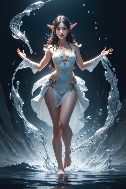 Illustration of a female water elemental, skin made of water, digital painting, digital art, 2D art, RPG-like (high details of face, eyes, nose, mouth, ears, hair ((silky and clean)), hands, arms , legs, feet, fingers ((hands and feet)), high quality, Full HD, 8K (full body)