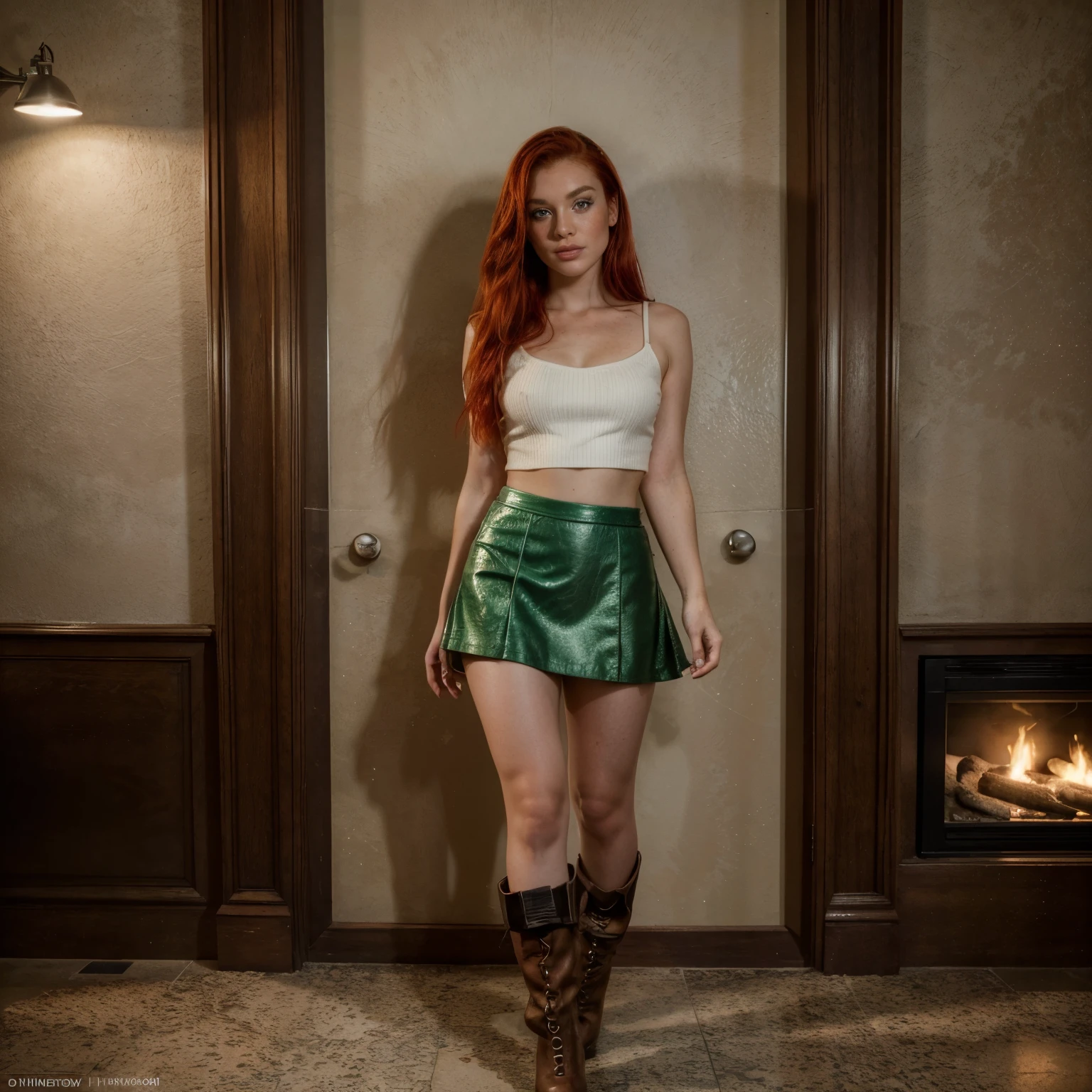 Ariel is a 30 years old woman With fiery red locks, captivating green eyes, and a sprinkle of freckles, she's a portrait of unique beauty and vibrant charm. (She is wearing a mini skirt boots with heels and a mini crop top) (((full-length photo)))
