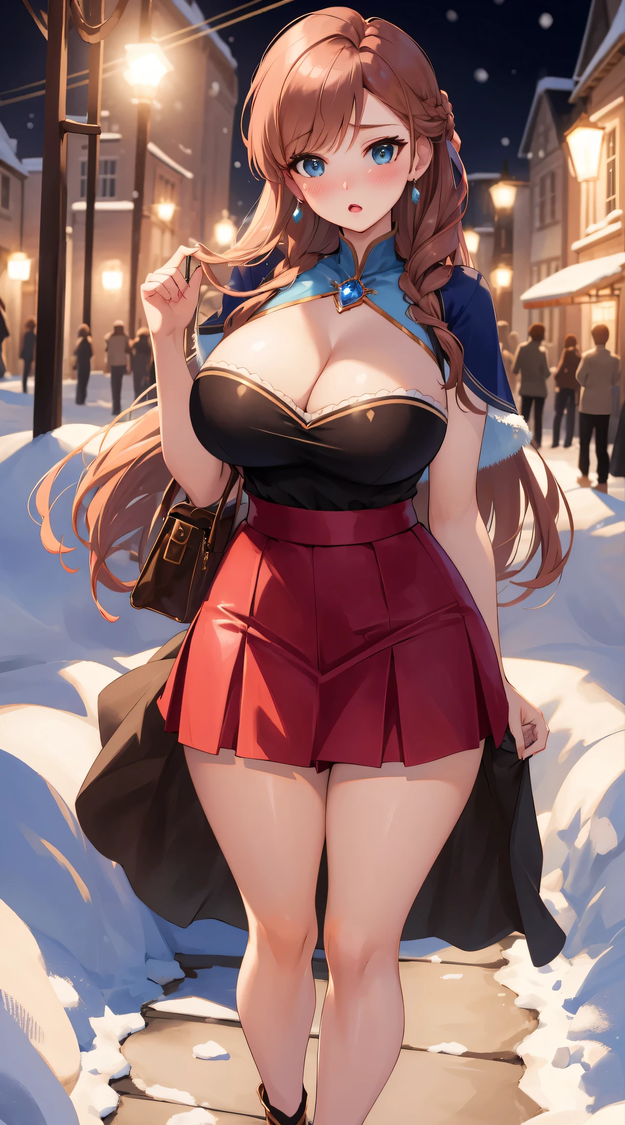 woman, ((Masterpiece, best quality)), full body view, sexy, bursting huge breasts, detailed skin, Anna from Frozen clothes, highly detailed, cinematic lighting, ultra realistic, blush, looking at viewer,  anna, anna from frozen, princess, disney, brown hair, long hair, portrait, outdoor, snow,  cleavage,  large breasts,  wide hips, full body view, tall, 
skirt, miniskirt, microskirt, pleated skirt, thighs,