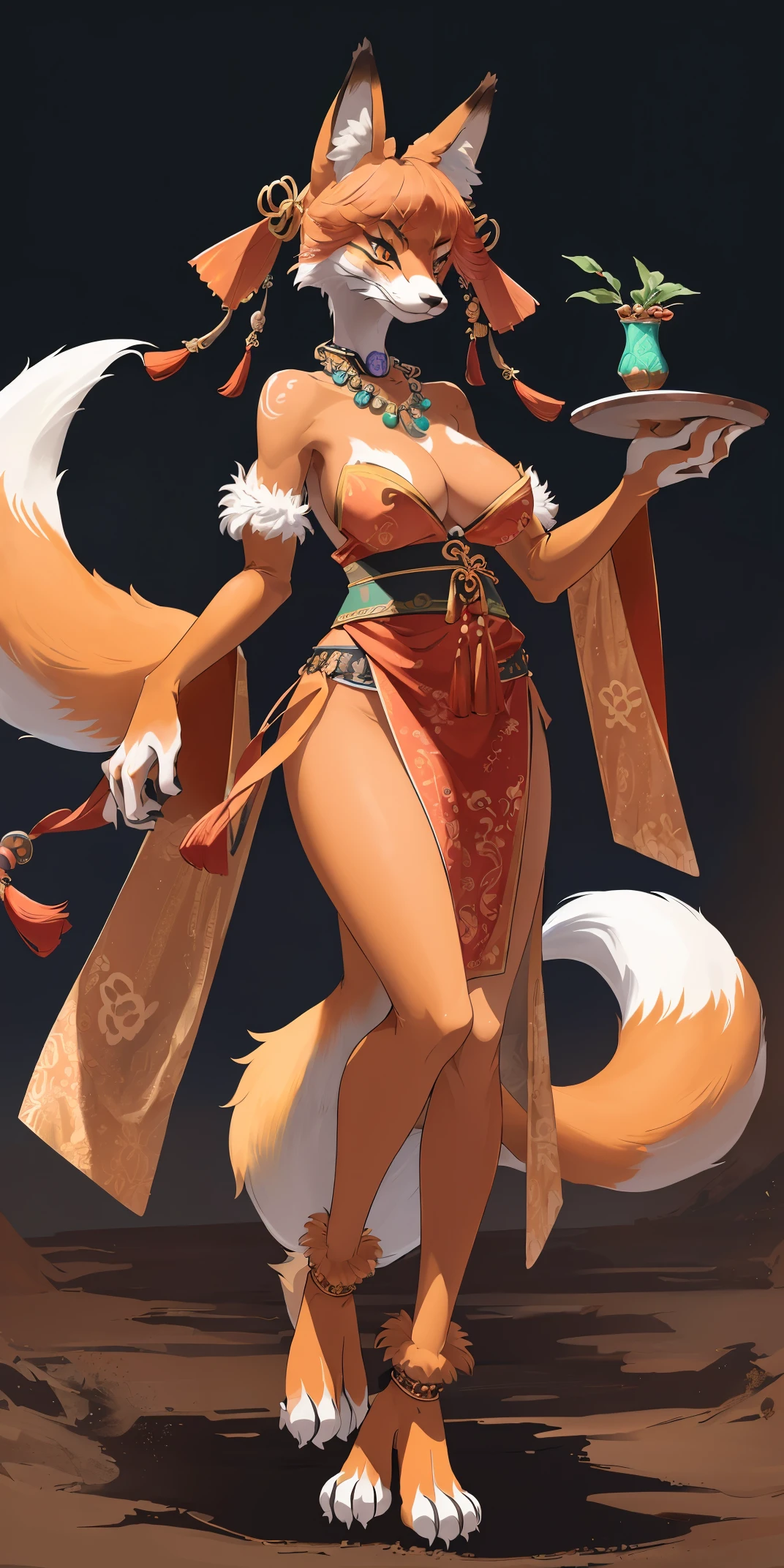 cover page, highres, top quality, best quality, paid reward available, unparalleled masterpiece, perfect artwork, absurdres, High-quality illustrations, super high resolution, detailed background,Perfect Anatomy(highly detailed beautiful face and eyes)absurdres, perfect anatomy((beast woman, solo focus, sharp focus)) (furry) (furry anthro:1.7) ((((Furry body, fox facial features, fox body features)))) ((fox's muzzle, very detailed fur))full body, ancient Chinese beauty, dancing pose, gorgeous dress embroidered with intricate embroidery, with transparent colorful ribbons tied around her arms, flowing tulle, bare shoulders, open neck, wreath, black bun with flower hairpins Belts, armbands with streamers, necklaces, bracelets, anklets, metal chain tassels around the waist, Mogao Grottoes art, inspiration from Dunhuang Flying Apsaras murals, ink wash,