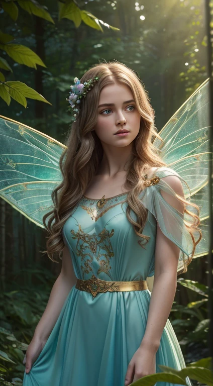 a beautiful fairy girl, delicate facial features, long eyelashes, porcelain skin, detailed intricate wings, colorful fantasy forest