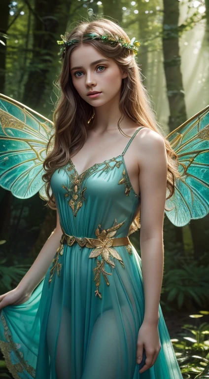 (masterpiece), high resolution, hd 8k, (1 Celtic fairy), 16 years old, beautiful eyes, silky hair, (large, transparent, detailed wings), green dress: light blue, with gold embroidered details, cinematic lighting, atmosphere of a gloomy forest, in a landscape with water and flowers, (shadows and light through the foliage)