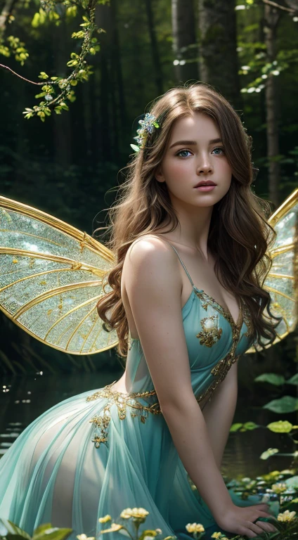 (masterpiece), high resolution, hd 8k, (1 Celtic fairy), 16 years old, beautiful eyes, silky hair, (large, transparent, detailed wings), green dress: light blue, with gold embroidered details, cinematic lighting, atmosphere of a gloomy forest, in a landscape with water and flowers, (shadows and light through the foliage)