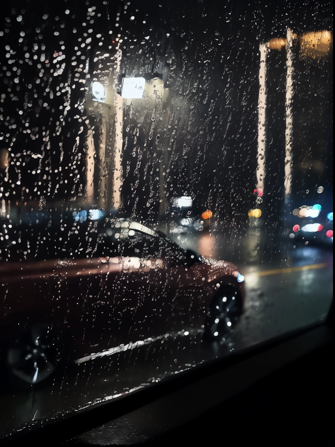 View of a car seen through a rain-covered window at night, raining night, late night raining, Rain at night, heavy rain poured, rainy evening, rainy evening的城市, Rainy street in the background, raining night city street, rainy day mood, it's night time,it is raining, Rainy and humid atmosphere, Atmosphere of rain, Rain at night时