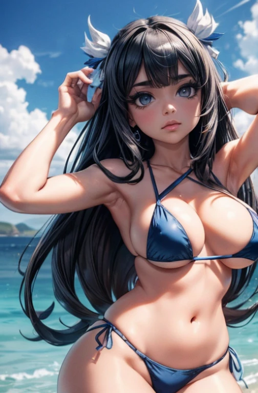 estilo mksks, master part, best quality, long eyelashes, delineador, sombra, mascara, colorido, pink lips, pele profunda, Olhando para o Viewer, foto de corpo inteiro, Curvy, Hestia (Danmachi), 1girl, seios, sozinho, cabelos longos, blue fita, Caudas duplas, fita, medium to large seios, olhos azuis, cabelos pretos, black micro bikini, sorrir, hair fita, arco, franja, corar, ornamento de cabelo, very cabelos longos, arm fita, pele brilhante, na praia, blue skies, Cloudy sky, concentre-se na barriga leguscular asuscular)), (((cintura fina))), ((nas costas dela mostrando sua bunda pra mim)) , ((olhando para mim))