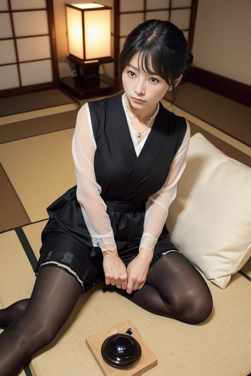 ((1人の女性,The most beautiful faces in Japan,40 years,Old face,A MILF,There are wrinkles at the corners of the eyes,Perfect gas chamber,Shot up close,Looking at the camera,View here)),(((( black half-mourning clothes,Basic black half-mourning clothes)))),((pearls necklace,Classy hairstyle,natural make up,The chest is very bulging,sad Facial expression,face that seems to cry,Staring at them with an adorable expression,Sitting in a Japanese-style room,Japanese-style tatami room,shoji,,Seowon Building,Japan Room,Sit on a cushion,Sitting on a cushion,Looking at the camera,look at a camera,Take a photo above from your lap)),((Turn to this,View here,Perfect fingers,perfect arms,细致背景,top-quality,The ultra -The high-definition,Perfect Anatomy,high-definition RAW color photography,professional photograpy, extremely delicate and beautiful, Extremely detailed,finely detail, Huge file size,Top image quality,8K,Award-Winning Works,masutepiece)),((Wearing black pantyhose))