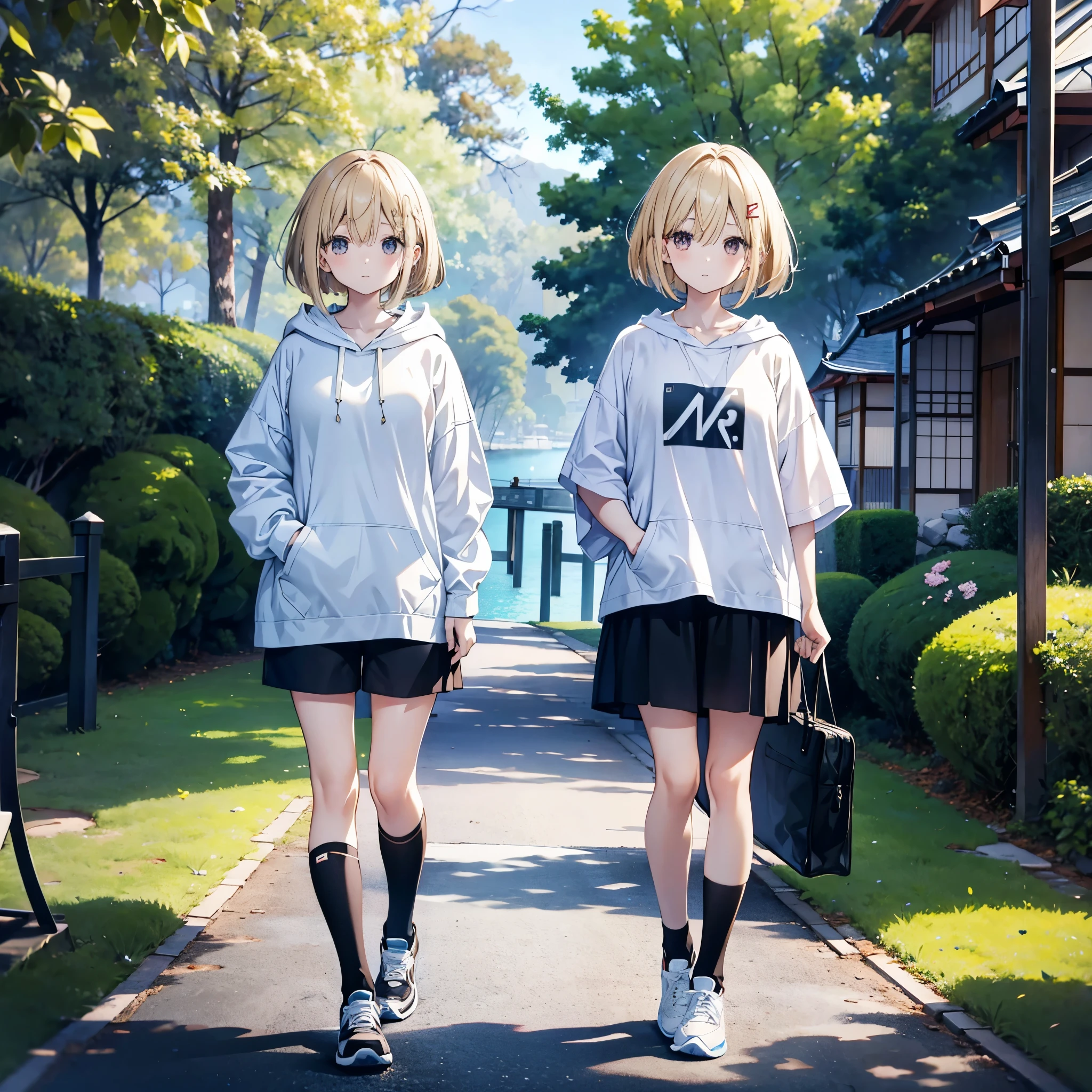 Two Japanese adult women A and B walking along the shore of Lake Suwa、A has long, loose hair with dark brown color.、B has light blonde hair with loose lob hair and short bob.、they are wearing casual clothes、A is wearing an oversized white hoodie, a black skirt, and black knee-length stockings.、B is wearing an oversized T-SHIRT and shorts.、I'm wearing black sneakers with white laces、2 people are looking at this