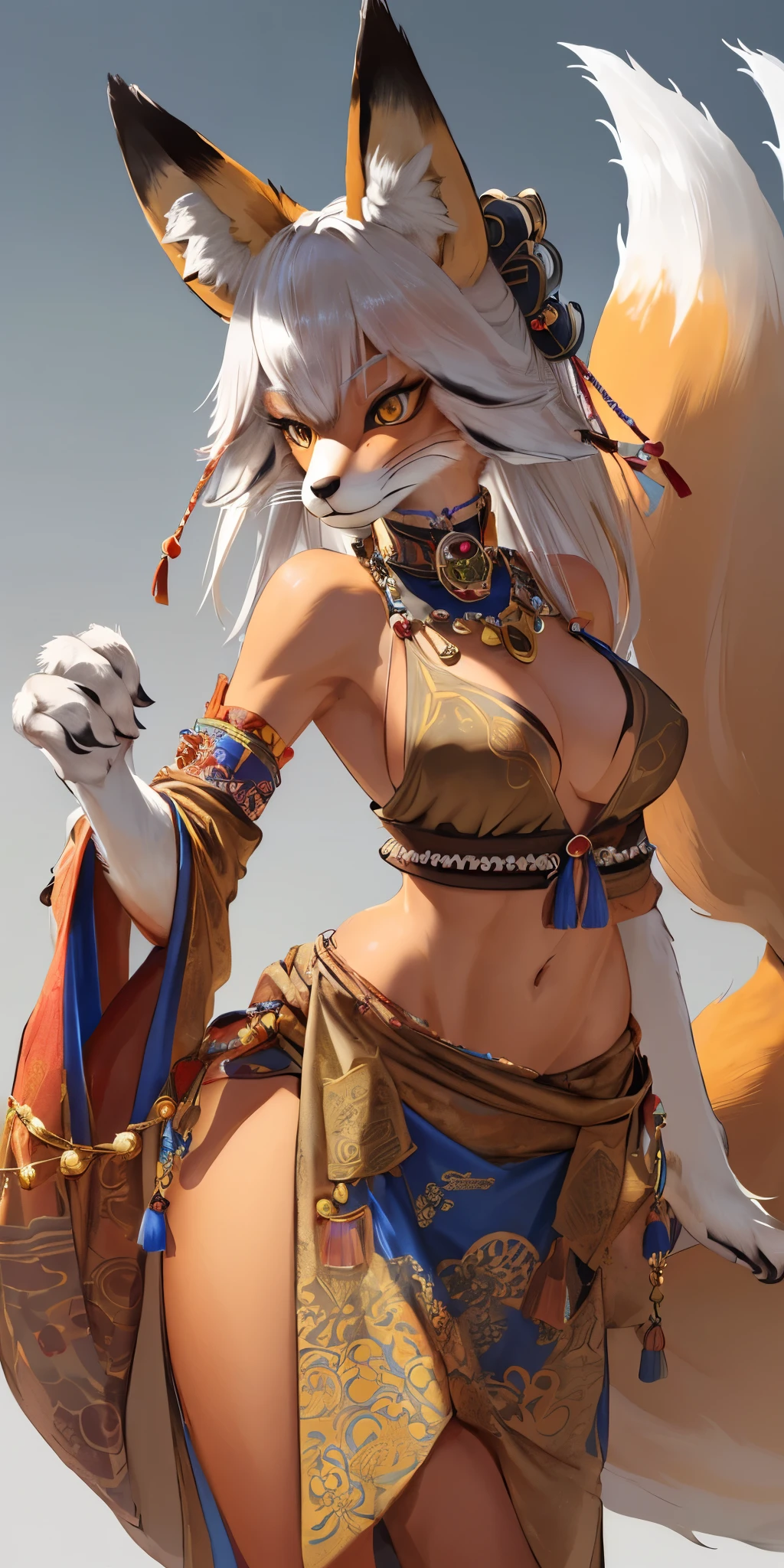 cover page, highres, top quality, best quality, paid reward available, unparalleled masterpiece, perfect artwork, absurdres, High-quality illustrations, super high resolution, detailed background,Perfect Anatomy(highly detailed beautiful face and eyes)absurdres, perfect anatomy((beast woman, solo focus, sharp focus)) (furry) (furry anthro:1.7) ((((Furry body, fox facial features, fox body features)))) ((fox's muzzle, very detailed fur))full body, ancient Chinese beauty, dancing pose, gorgeous dress embroidered with intricate embroidery, with transparent colorful ribbons tied around her arms, flowing tulle, bare shoulders, open neck, wreath, black bun with flower hairpins Belts, armbands with streamers, necklaces, bracelets, anklets, metal chain tassels around the waist, Mogao Grottoes art, inspiration from Dunhuang Flying Apsaras murals, ink wash,