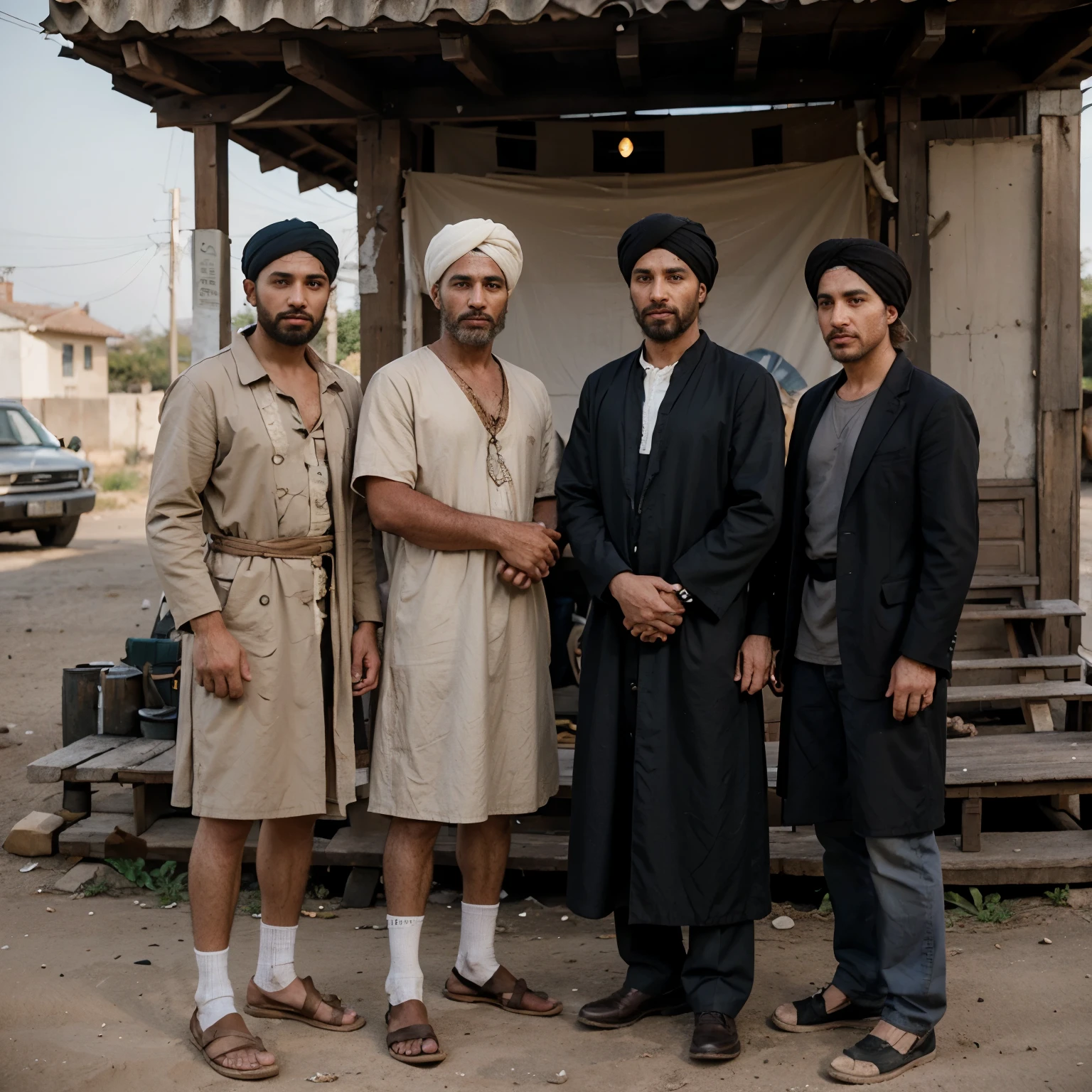 three 30 year old men standing on the outskirts of town shaking hands with each other, 8k, one man in biblical clothing wearing a turban, two men in seedy tattered clothes, ghutra and egal, joseph and joseph, still from live action film, portrait, historical drama, edited, beautiful images, mysticism, [full color, shutterstock, two characters, tramp, beggar, by Harold von Schmidt, by Robert Brackman
