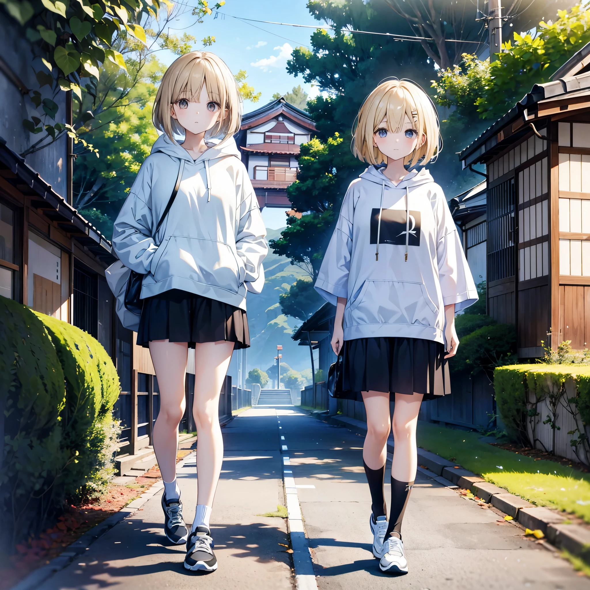 Two Japanese adult women A and B walking along the shore of Lake Suwa、A has long, loose hair with dark brown color.、B has light blonde hair with loose lob hair and short bob.、they are wearing casual clothes、A is wearing an oversized white hoodie, a black skirt, and black knee-length stockings.、B is wearing an oversized T-SHIRT and shorts.、I&#39;m wearing black sneakers with white laces、2 people are looking at this