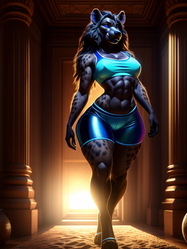 Solo 1female, older female, mature female, anthro, hyena, small waist, narrow waist, heelless legwear, fit, holographic volleyball shorts, digitigrade, thick thighs, toned, slim, bedroom eyes, thin, slender, wide hips, thick lips, lipstick, thick hips, long hair, long legs, tail, iridescent blouse, cinematic lighting, big ass, big butt, dappled light, bioluminescence, masterpiece, 8k, best quality, ultra-detailed, high quality high detail, furry, from behind