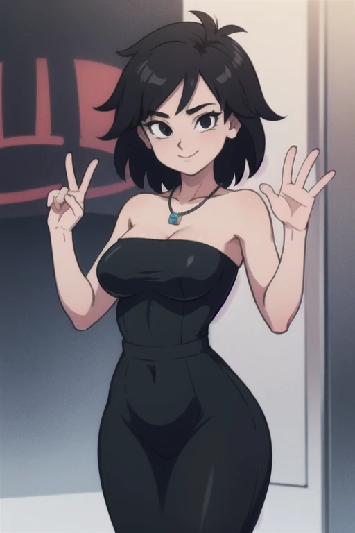 (masterpiece:1.2), (best quality), (ultra detailed), (8k,4k),(half body:1.2), (cowboy:1.2), (highly detailed:1.2), (detailed face:1.2), (detailed background), Gine, 1 girl, solo, smile, looking at viewer, inside, nightclub, neon lights, full body, black hair, short hair, dancing, hands in the air, hands up, bare shoulder, bare arms, medium breast, necklace, looking at viewer, standing, strapless, short black dress, black sweetheart dress, black pencil skirt, close up,
