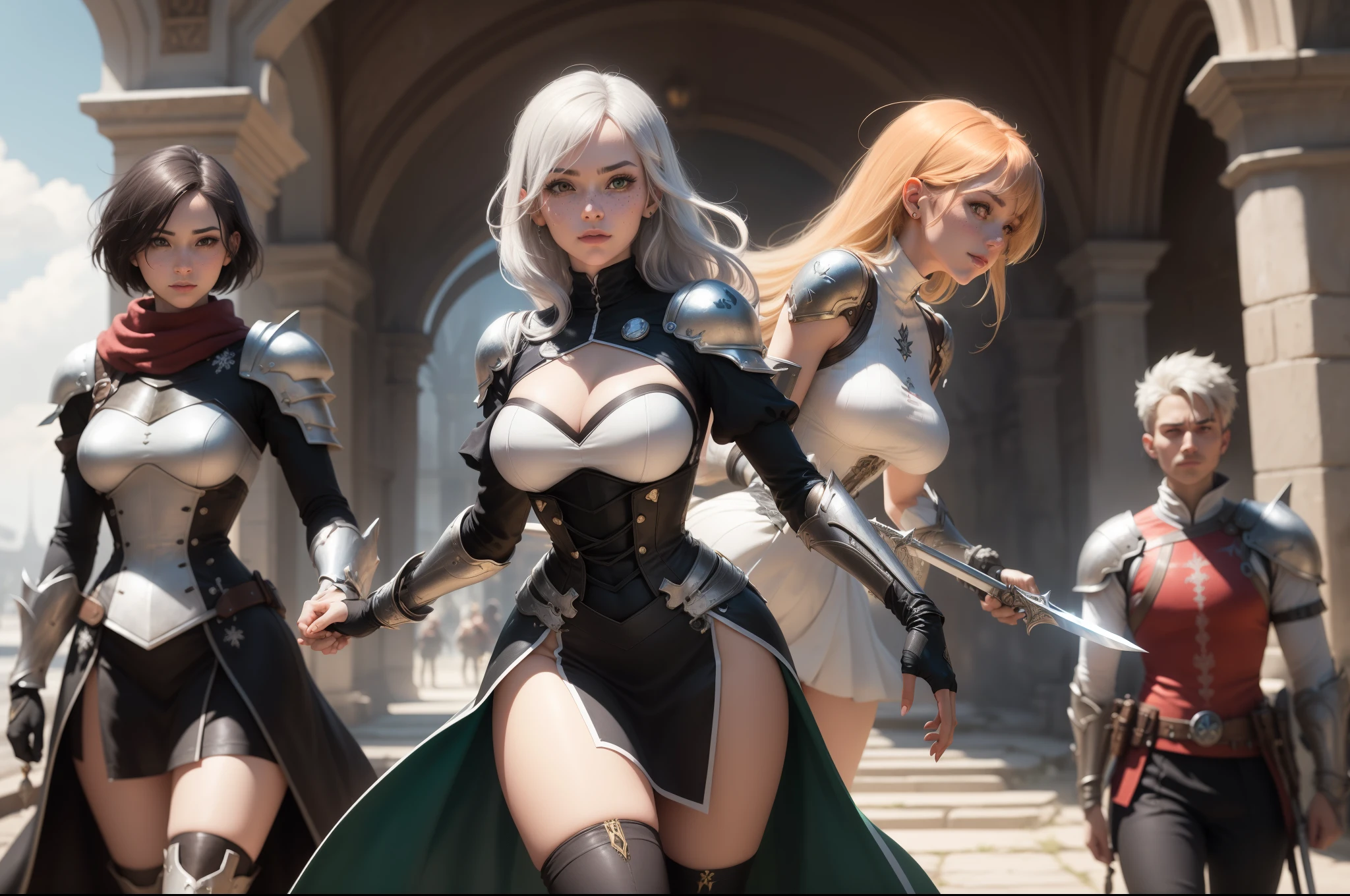 gwen tennyson,yorha 2b,tracer,claire farron,1girl,overwatch,atelier ryza,close up,battlefield view,tattoos,royal gray and white plugsuit,white short sleeve knight tunic,short sleeve knight full plate armor,long knight skirt,white knight corset,long hair,princess makeup,green eyes,multicolored silver hair,long dress train,shy smile,freckles,beautiful girl, knight thigh high boots,big breasts,8k, ultra detailed,realistic,fantasy art,silver knight uniform,queen gown dress,hair pin,ear piercings,snowflake hand and neck jewelry,(weather:windy),long gray knight cape,holding a sword on each hand,(pose:sword raised ready to attack),