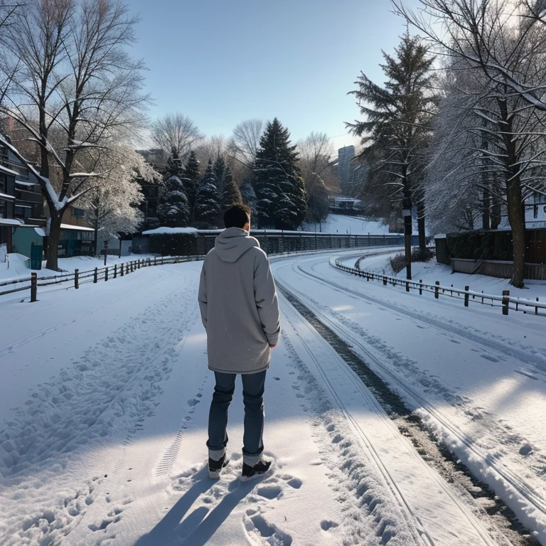 Winters,nevando,The ground is covered with snow,城市,middle of the road,gray clothehibited,back shadow,One guy,4k画质,Ultra-clear images,Rich in light and shadow。