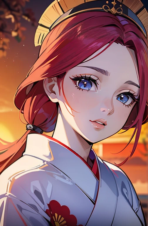 (alta qualidade, breath-taking),(olhos expressivos, rosto perfeito) (((Yukata, clivagem, lips sexy)), 1girl, female, sozinho, jovem , Cabelo de cor vermelha , cabelos estriados, olhos cor de rosa, cabelo estilizado, sorriso suave, cabelos longos, cabelos soltos, franja lateral, Roupas japonesas, elegante, maquiagem macia, Hair accessories, Demon Slayer art style