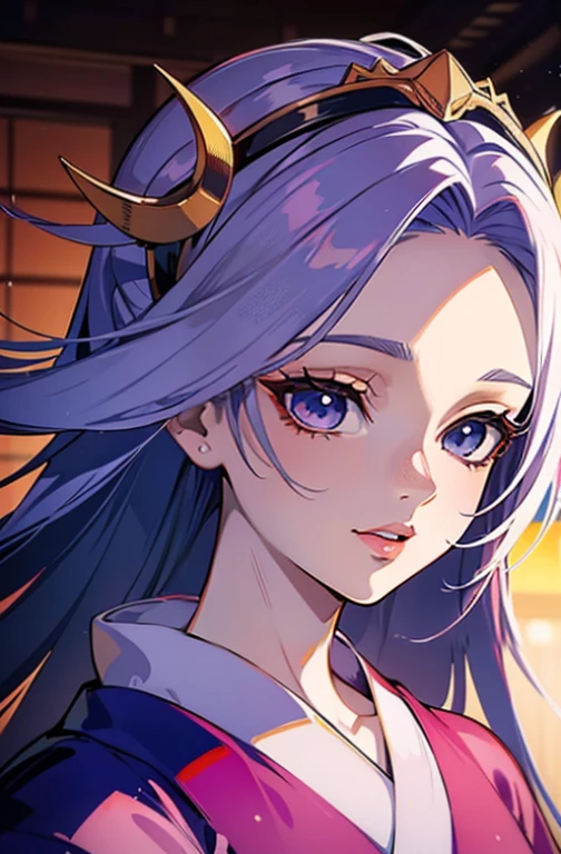 (alta qualidade, breath-taking),(olhos expressivos, rosto perfeito) (((Yukata, clivagem, lips sexy)), 1girl, female, sozinho, jovem , Cabelo de cor vermelha , cabelos estriados, olhos cor de rosa, cabelo estilizado, sorriso suave, cabelos longos, cabelos soltos, franja lateral, Roupas japonesas, elegante, maquiagem macia, Hair accessories, Demon Slayer art style