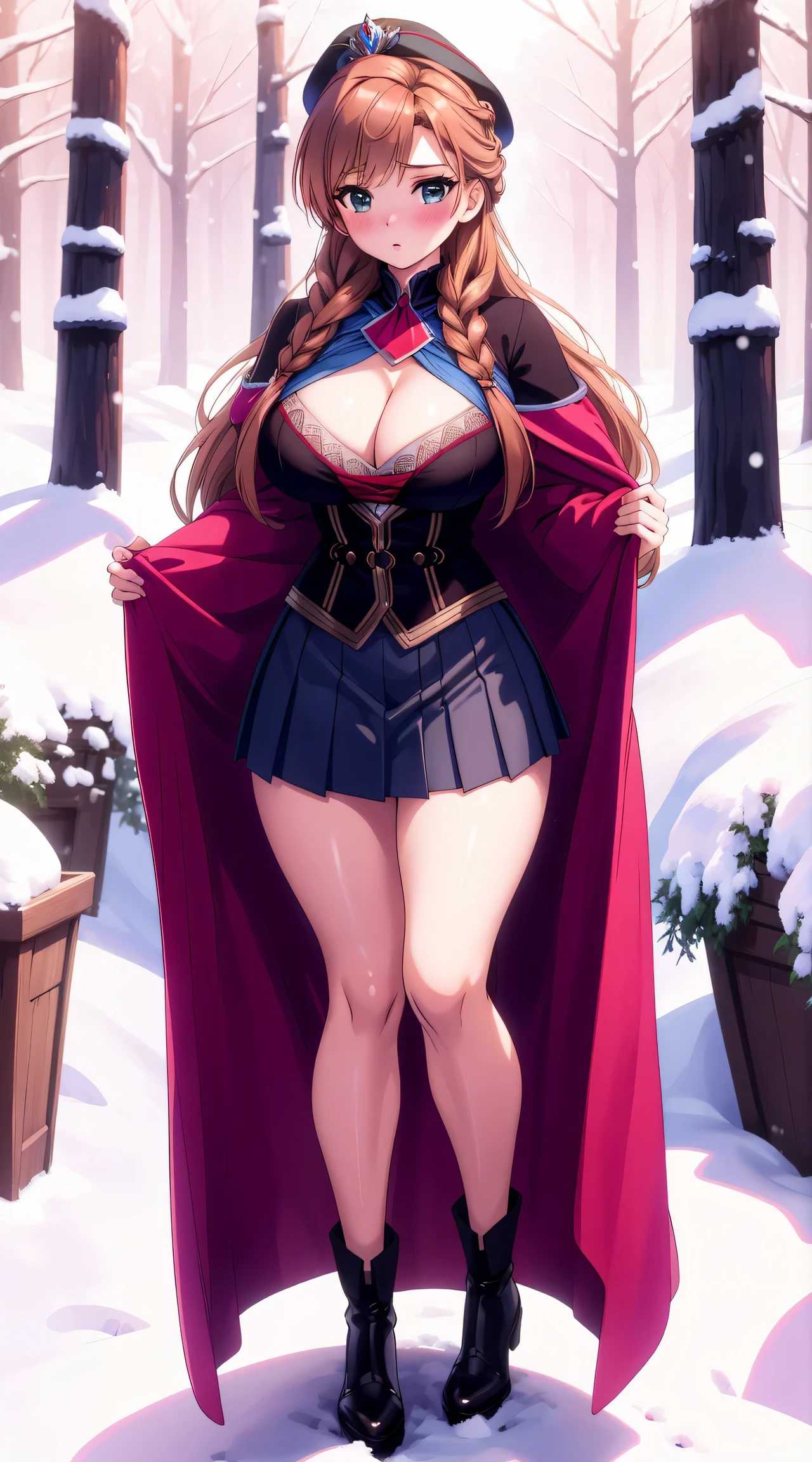 woman, ((Masterpiece, best quality)), full body view, sexy, bursting huge breasts, detailed skin, Anna from Frozen clothes, highly detailed, cinematic lighting, ultra realistic, blush, looking at viewer, anna, anna from frozen, princess, disney, brown hair, long hair, portrait, outdoor, snow, cleavage, large breasts, wide hips, full body view, tall,
skirt, miniskirt, microskirt, pleated skirt, thighs,
