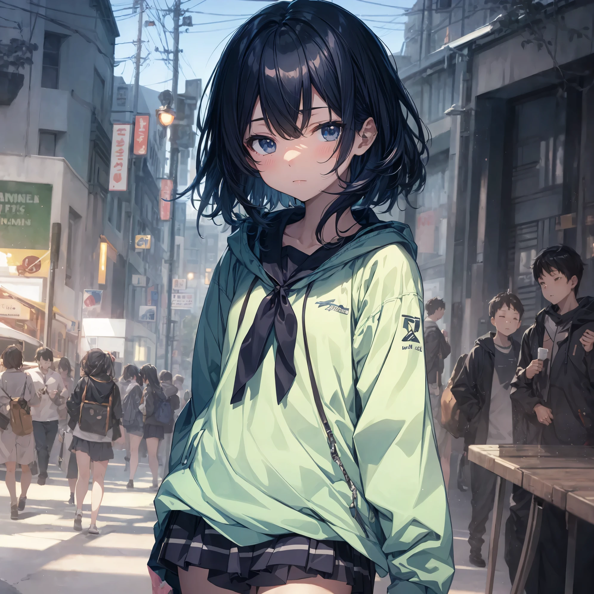 Super high quality by the art god, Ultra-detailed, High resolution, anime moe art style, best anime 8K konachan wallpaper, Pixiv Contest Winner, Perfect Anatomy, BREAK,(Draw a girl sleepily walking to school. ),BREAK, 1girl in, (Solo,Lori,,13yea:1.3),Full limbs, complete fingers,a junior gynous attraction, (Very short hair), Sleeping hair, hair messy, flat chest, Small butt, groin, Small eyes,Beautiful detailed black eyes, Well-proportioned iris and pupils, disgusted eye, High resolution detailed hair, School uniform, Skirt, On the way to school. BREAK,Ultra-detailed細なスキン, Best lighting by famous artists, 8K, Illustration,