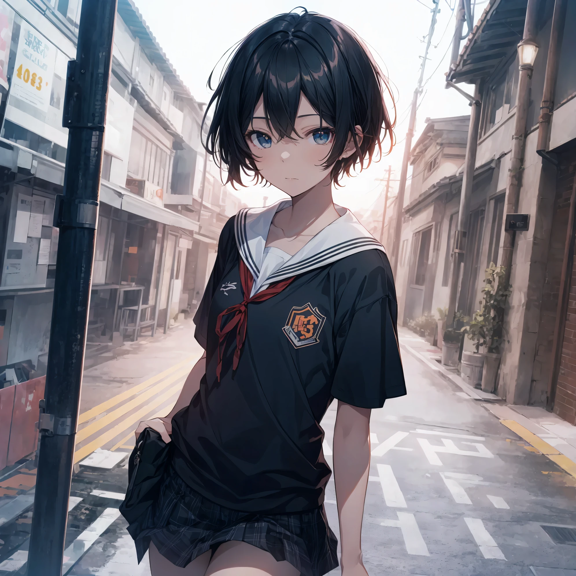 Super high quality by the art god, Ultra-detailed, High resolution, anime moe art style, best anime 8K konachan wallpaper, Pixiv Contest Winner, Perfect Anatomy, BREAK,(Draw a girl sleepily walking to school. ),BREAK, 1girl in, (Solo,Lori,,13yea:1.3),Full limbs, complete fingers,a junior gynous attraction, (Very short hair), Sleeping hair, hair messy, flat chest, Small butt, groin, Small eyes,Beautiful detailed black eyes, Well-proportioned iris and pupils, disgusted eye, High resolution detailed hair, School uniform, Skirt, On the way to school. BREAK,Ultra-detailed細なスキン, Best lighting by famous artists, 8K, Illustration,