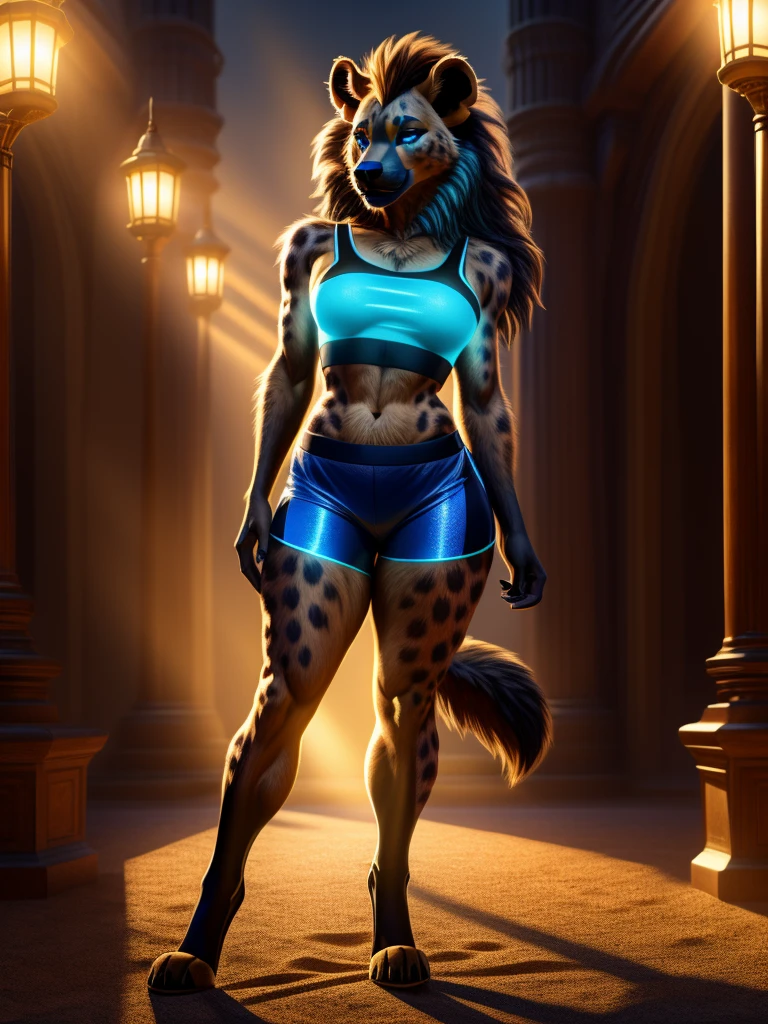 Solo 1female, older female, mature female, anthro, (hyena lion), small waist, narrow waist, heelless legwear, fit, (holographic volleyball shorts), digitigrade, thick thighs, toned, slim, bedroom eyes, thin, slender, wide hips, thick lips, lipstick, thick hips, long hair, long legs, tail, see-through blouse, cinematic lighting, big ass, big butt, dappled light, bioluminescence, masterpiece, 8k, best quality, ultra-detailed, high quality high detail, furry, 1920s