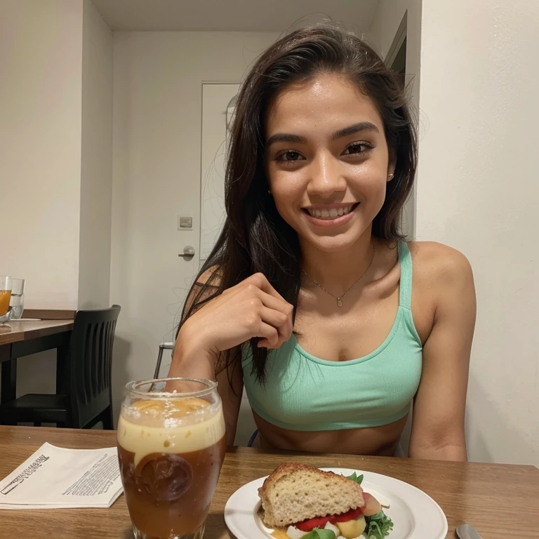Modelo Brasileira, friendly about 20 years old, sorriso, academia, roupa fitness, Instagram pose, sorvete, mesa, lunch, sobremesa, comendo, MEAL, top