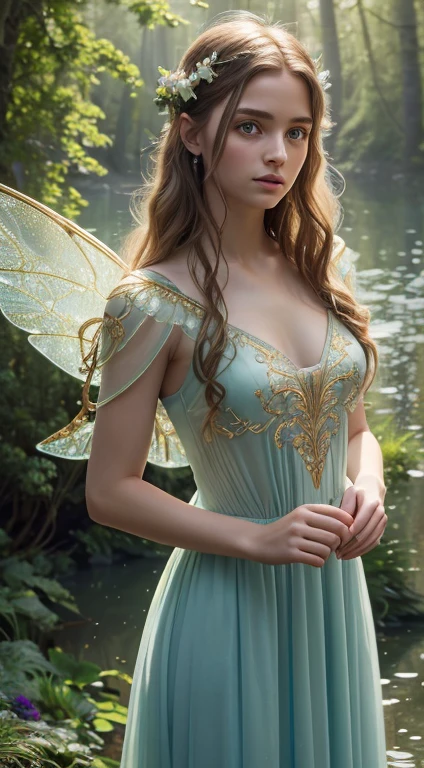 (masterpiece), high resolution, hd 8k, (1 fairy, Celtic warrior), , beautiful eyes, hair, silky straight, (large, transparent, detailed wings), green dress: light blue, with gold embroidered details, cinematographic lighting, gloomy forest atmosphere, in a landscape with water and flowers, (shadows and light through the foliage)