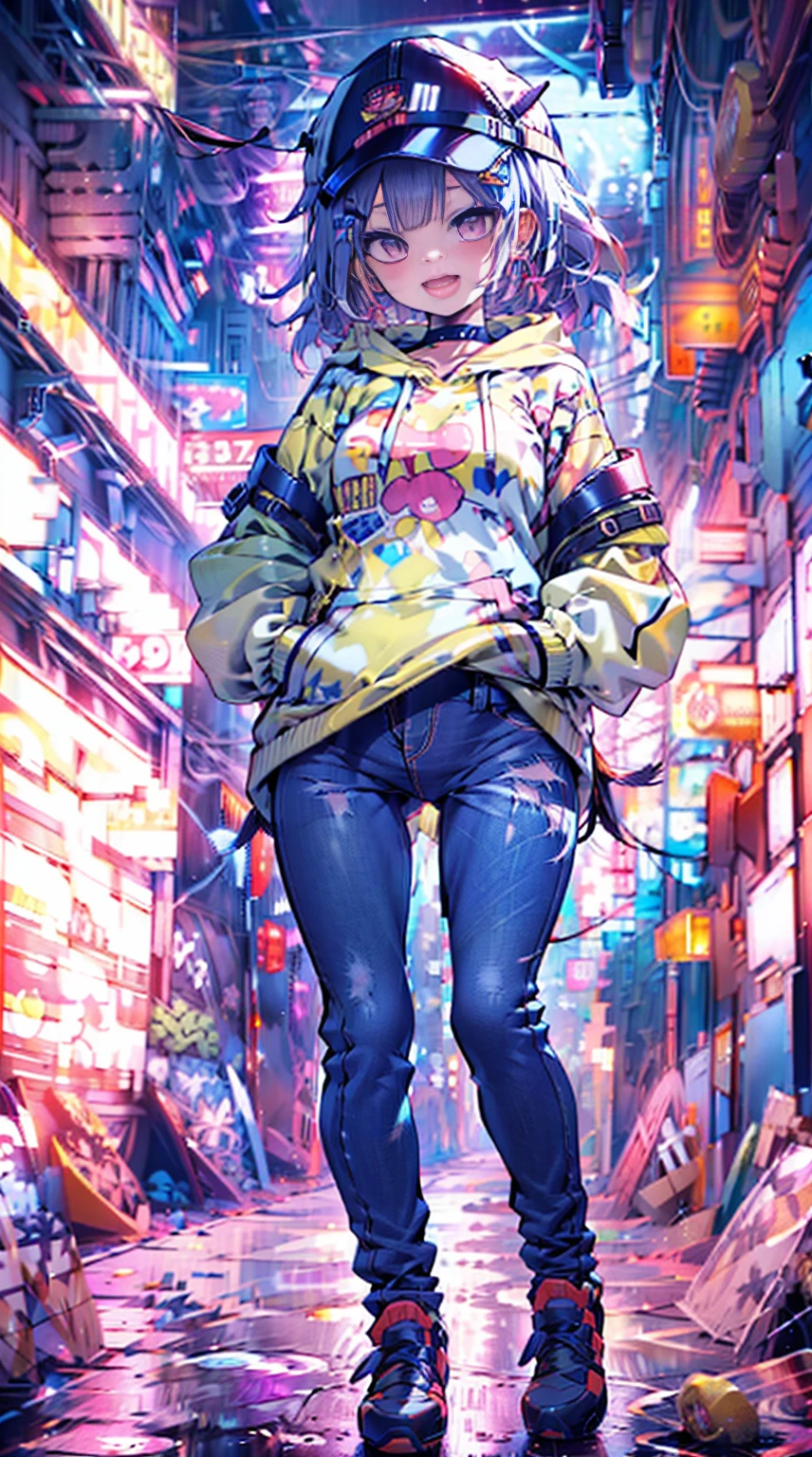 Female brat,Cute face,very long Twin tail,cute large eyes,Hoodie,jeans,put on cap,nightcity,Laughing,Open mouth,masutepiece,Ultra Detail,ultra-quality,super precision,8K,No extra arms,no extra hands,No extra fingers,No extra legs,left hand in pocket,