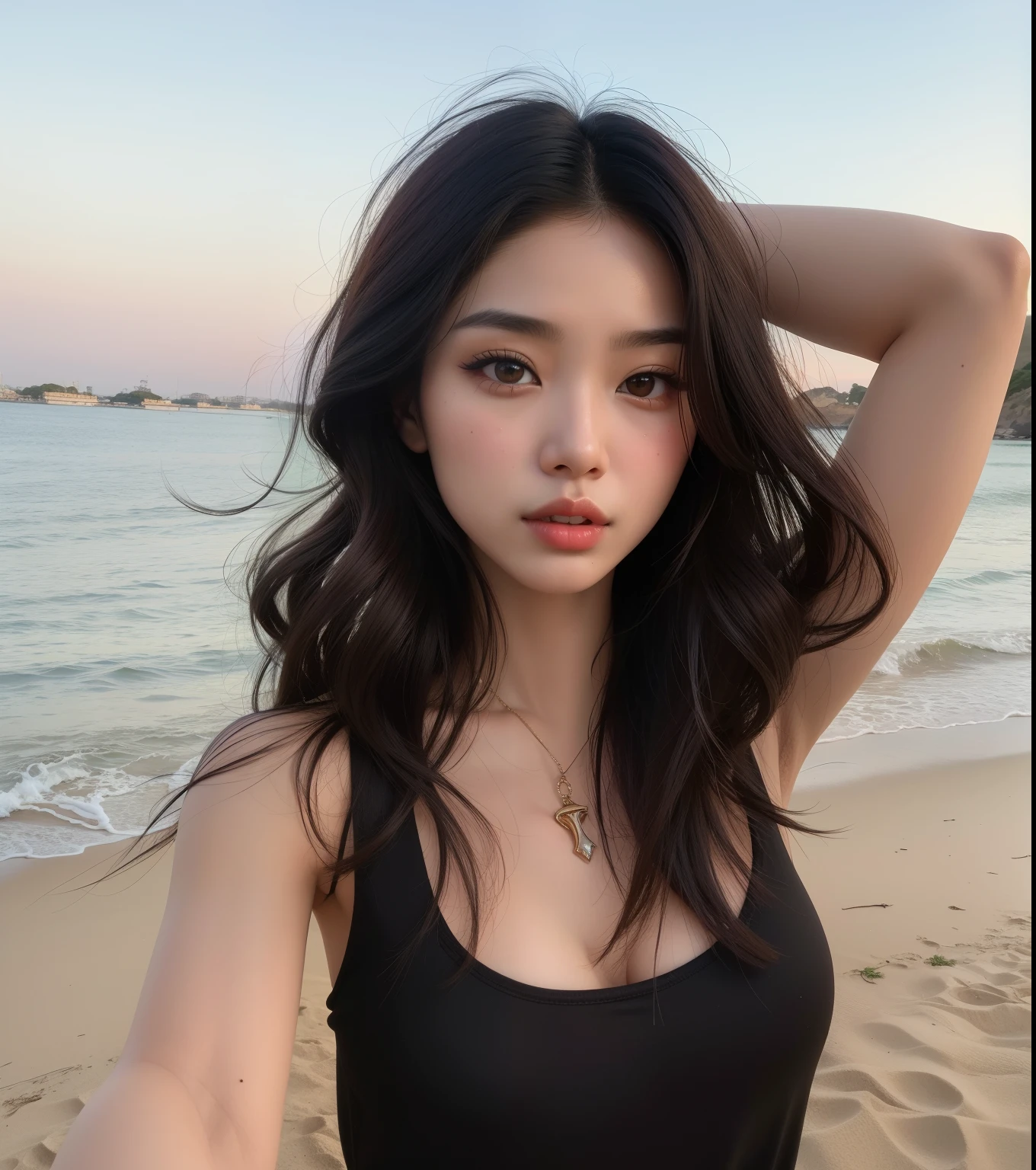 um close de uma mulher com uma blusa preta na praia, beautiful Asian girl, beautiful south Mulher coreana, asian features, gorgeous young Mulher coreana, menina coreana, Beautiful Asian woman, beautiful young Mulher coreana, an Asian woman, asian beautiful face, Asian girl, a young asian woman, young cute wan Asian face, Mulher coreana, Beautiful young Asian woman, Asian face