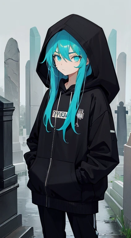 girl 15 years old, brown and long hair, Cyan eyes, with a serious expression on his face, wearing a black hood, black hoodie, black pants, Black beauties, stands in the middle of the cemetery, it's raining.