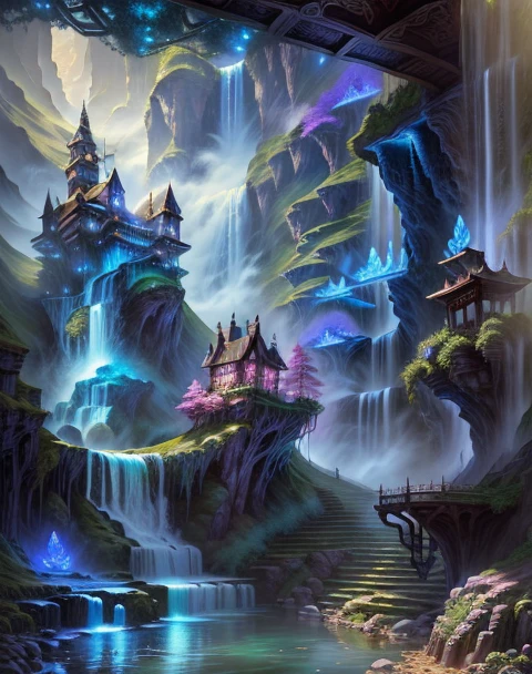 a painting of a waterfall with a waterfall in the middle, detailed fantasy digital art, magic fantasy highly detailed, highly detailed fantasy art, beautiful detailed fantasy, magical environment, magical background, magical landscape, intricate fantasy painting, detailed fantasy art, detailed dreamscape, fantasy highly detailed, detailed fantasy illustration, 4k highly detailed digital art, beautiful fantasy painting, magical fantasy forest