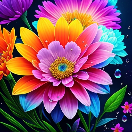 Close up of bunch of flowers with water droplets, a magical colorful flower, rich floral color, magical flowers, Vivid and rich colors, Colorful Alien Flora, colorful flower, Colorful flowers, Colorful HD Drip, Vivid and colorful, beautiful art uhd 4 k, beautiful and colorful, neon flowers, Strong and vibrant colors, colorful and vibrant, intricate vibrant colors