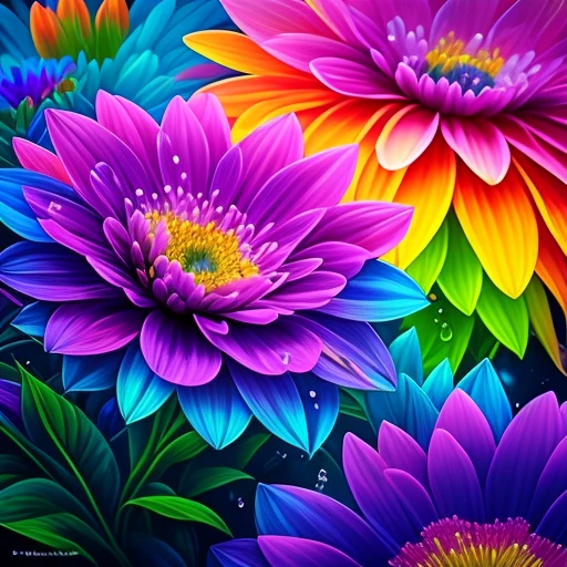Close up of bunch of flowers with water droplets, a magical colorful flower, rich floral color, magical flowers, Vivid and rich colors, Colorful Alien Flora, colorful flower, Colorful flowers, Colorful HD Drip, Vivid and colorful, beautiful art uhd 4 k, beautiful and colorful, neon flowers, Strong and vibrant colors, colorful and vibrant, intricate vibrant colors