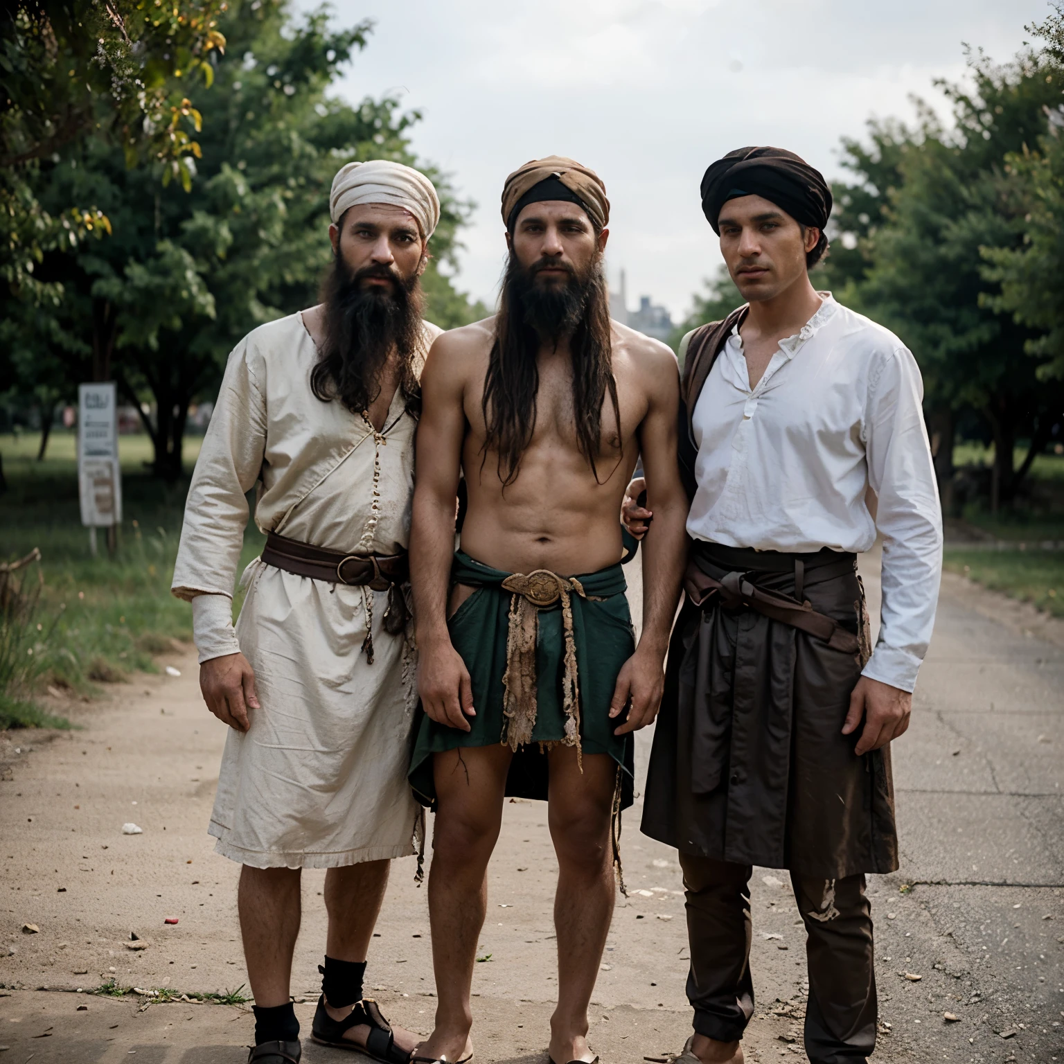 three 30 year old men standing on the outskirts of the city embracing each other, 8k, one man in biblical clothing wearing a turban, two men in seedy tattered clothes, ghutra and egal, joseph and joseph, still from live action film, portrait, drama history, edited, beautiful images, mysticism, [full color, shutterstock, two characters, tramp, beggar, by Harold von Schmidt, by Robert Brackman