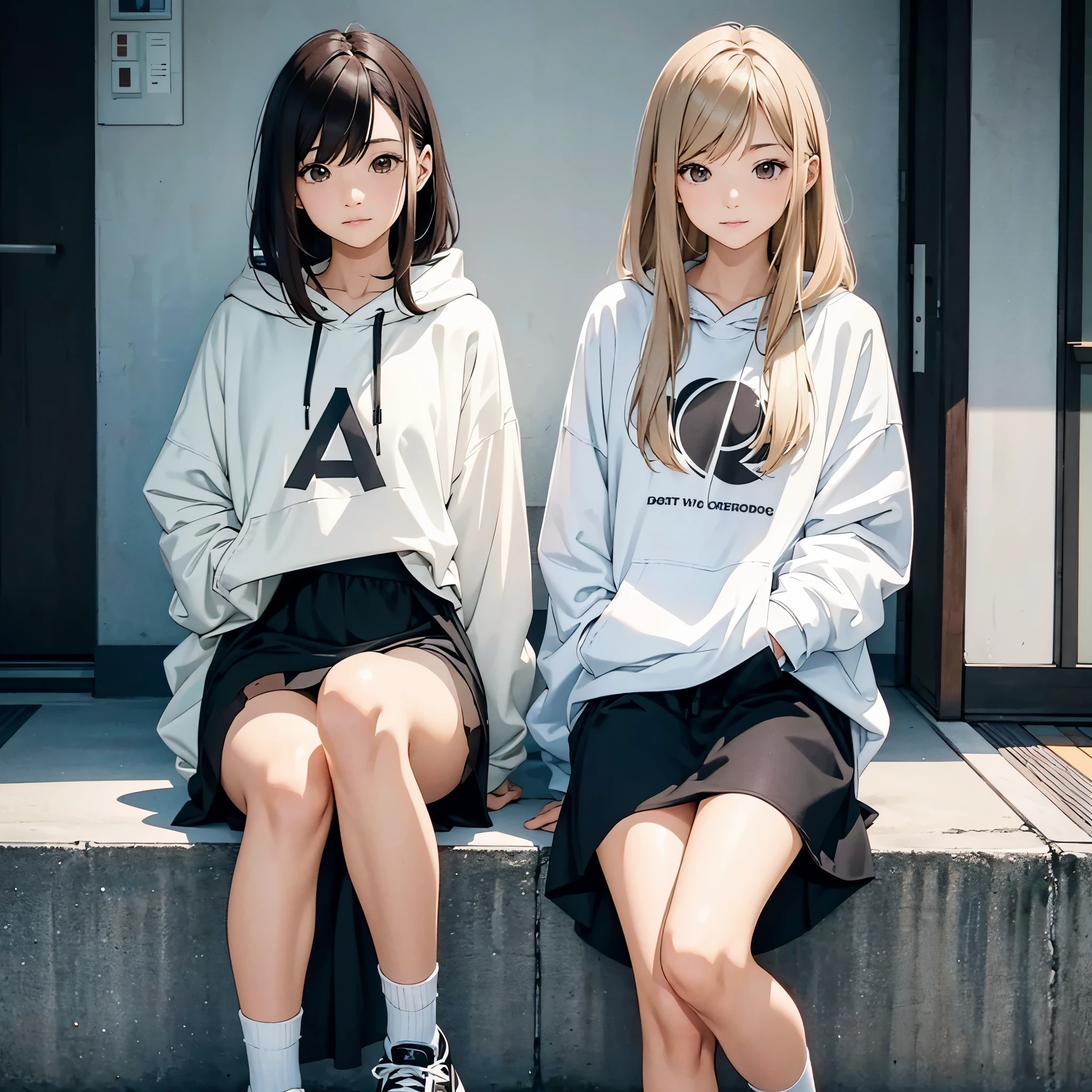 Two Japanese adult women A and B、A has long, loose dark brown hair.、B has light blonde hair with loose lob hair and short bob.、they are wearing casual clothes、A is wearing an oversized white hoodie, a black skirt, and black knee-length stockings.、B is wearing an oversized T-SHIRT and shorts.、I'm wearing black sneakers with white laces、2 people are looking at this