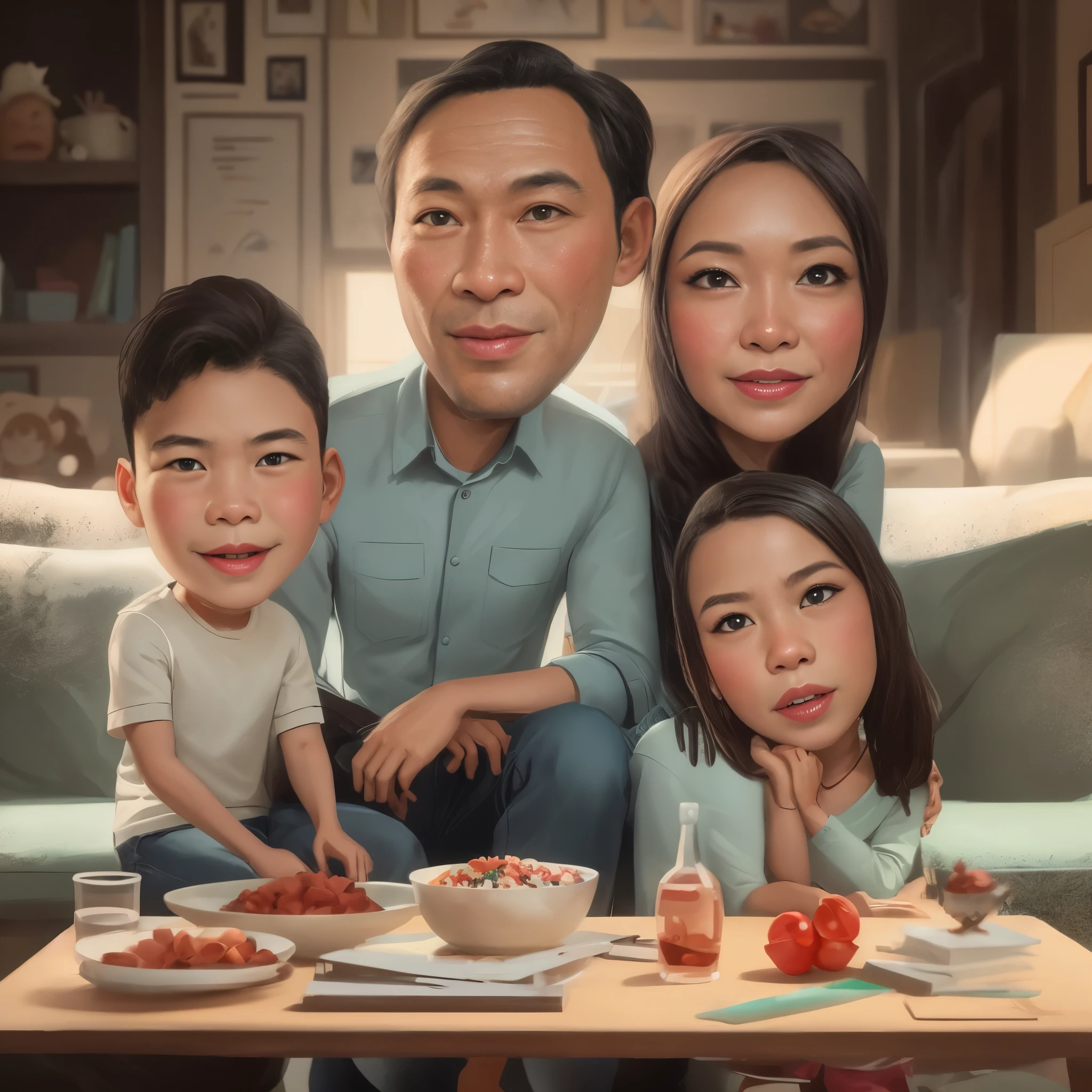 cartoon family portrait of a man, woman, and two children, caricature illustration, digital art cartoon, in cartoon style, cartoon digital painting, cartoon digital art, potrait, cartoon portrait, an indonesian family portrait, cartoon artstyle, caricature style, digital cartoon painting art, realistic cartoon, cartoon style illustration, family portrait, happy family, cartoon art style, high quality portrait