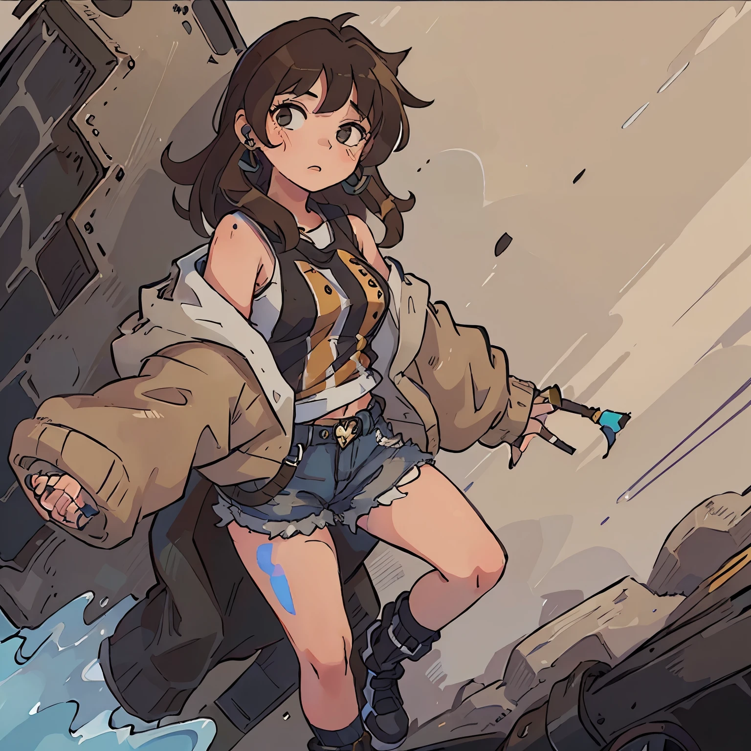 A 15 year old girl with an oversized striped brown sweater, jean shorts, cross earring on left ear, and black taylor shoes. She has short, fluffy, brown hair and painted black nails