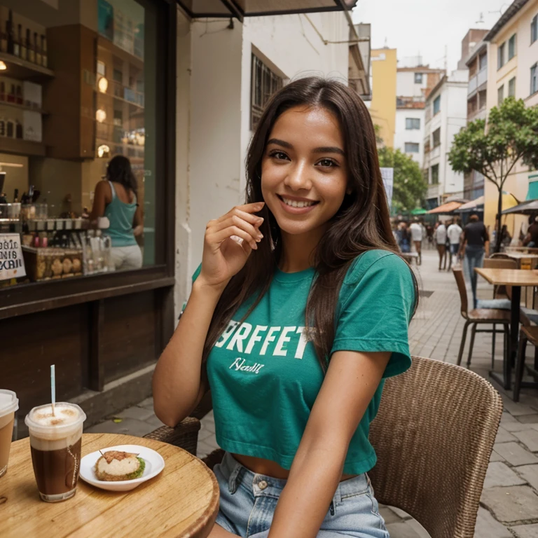 Modelo Brasileira, friendly about 20 years old, sorriso, academia, Instagram pose, sorvete, mesa, lunch, sobremesa, comendo, MEAL, top, coffee shop, outside, street, street outfit, roupas casuais