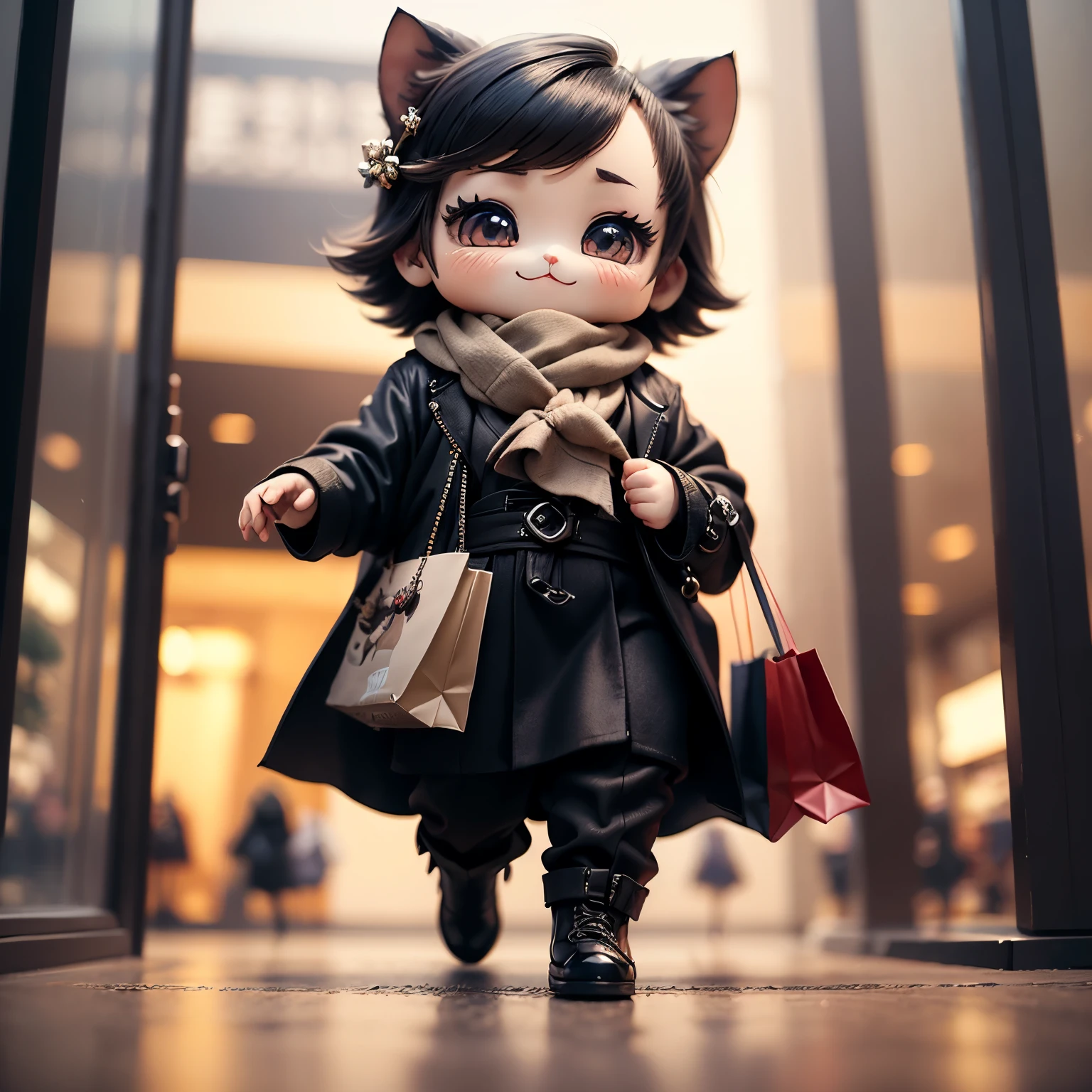 masterpiece、top-quality、ultra-detailliert、,(Chibi Chara:1.3),(huge department store:1.2),Opening ceremony,// (Chibichara:1.27),wear a winter trench coat,carry multiple shopping bags,a smile,Full-body standing figure,