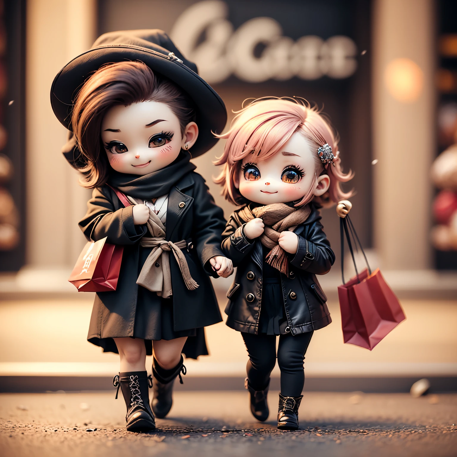 masterpiece、top-quality、ultra-detailliert、,(Chibi Chara:1.3),(huge department store:1.2),Opening ceremony,// (Chibichara:1.27),wear a winter trench coat,carry multiple shopping bags,a smile,Full-body standing figure,
