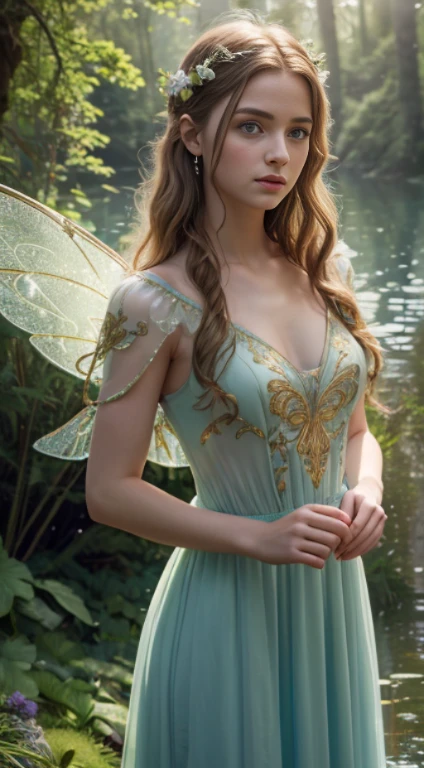 (masterpiece), high resolution, hd 8k, (1 fairy, Celtic warrior), 16 years old, beautiful eyes, hair, silky straight, (large, transparent, detailed wings), green dress: light blue, with gold embroidered details, cinematographic lighting, gloomy forest atmosphere, in a landscape with water and flowers, (shadows and light through the foliage)